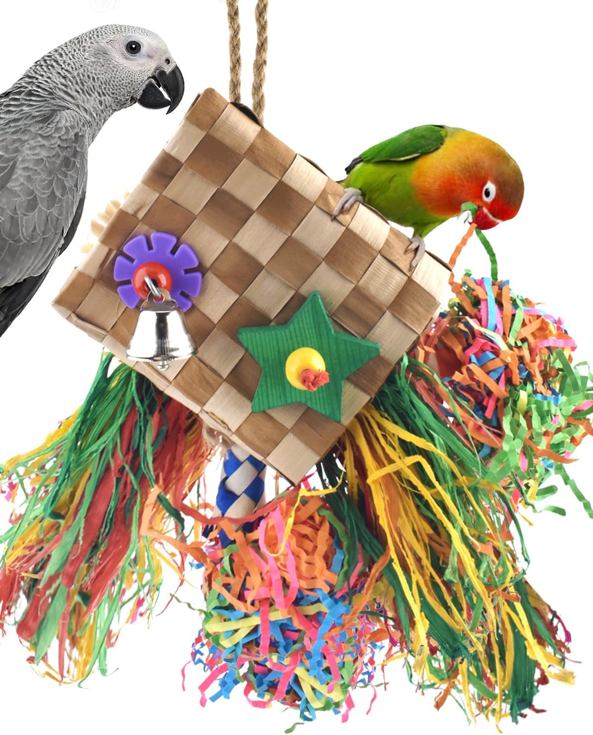 Bissap Bird Chew Toys, Parrot Foraging Shredder Natural Palm Frond Hanging Cage Toy for Conure Lovebird Budgie Cockatiel African Gray Cockatoos Amazon and Similar Sized Pet Birds - Flat Square