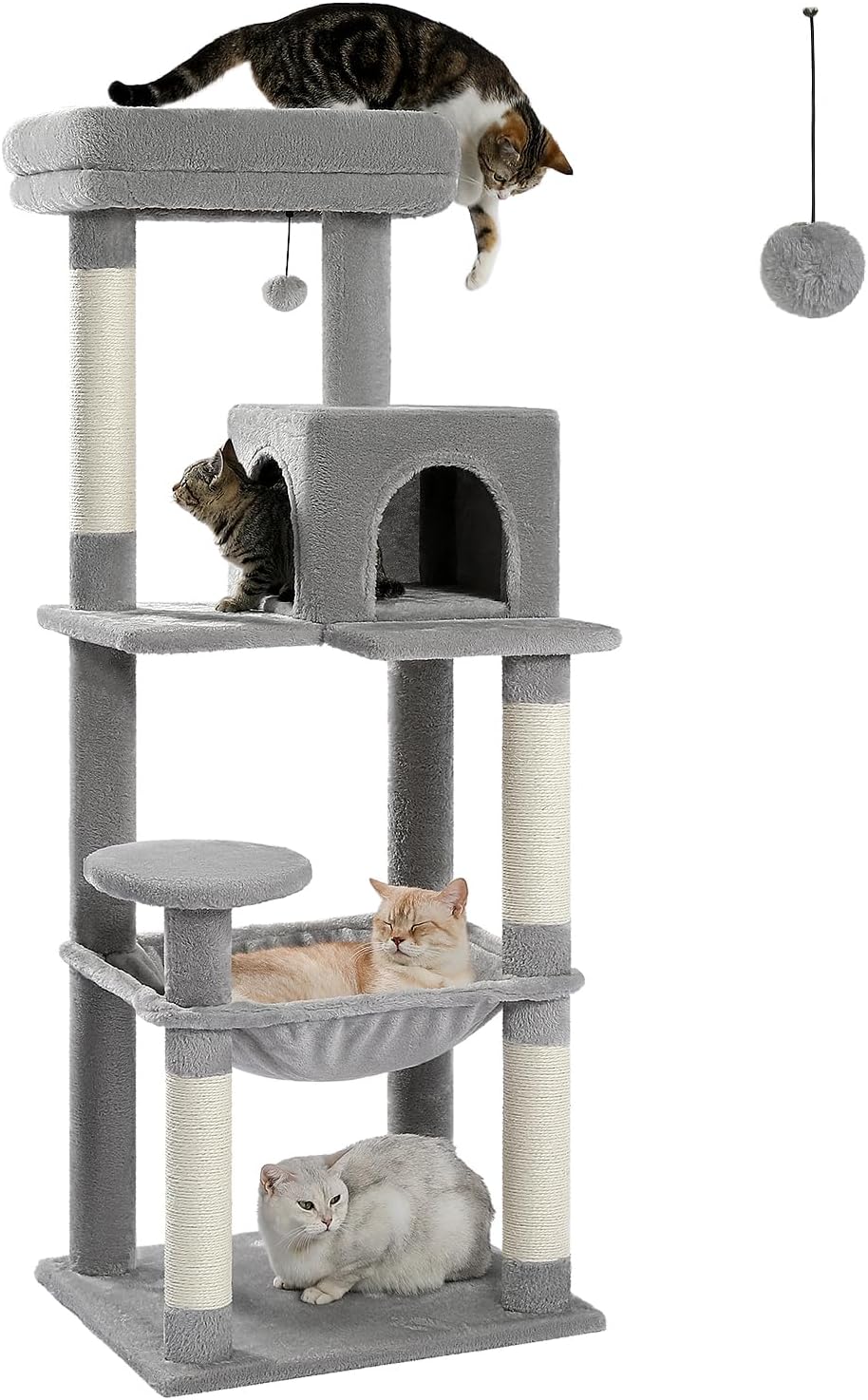 Cat Tree for Large Cats Adult with Metal Plush Big Hammock, 56.3 Cat TowerZ with 2 Door Condo House, 6-Tier Cat Shelves with Scratching Posts and Large Top Perch, Gray