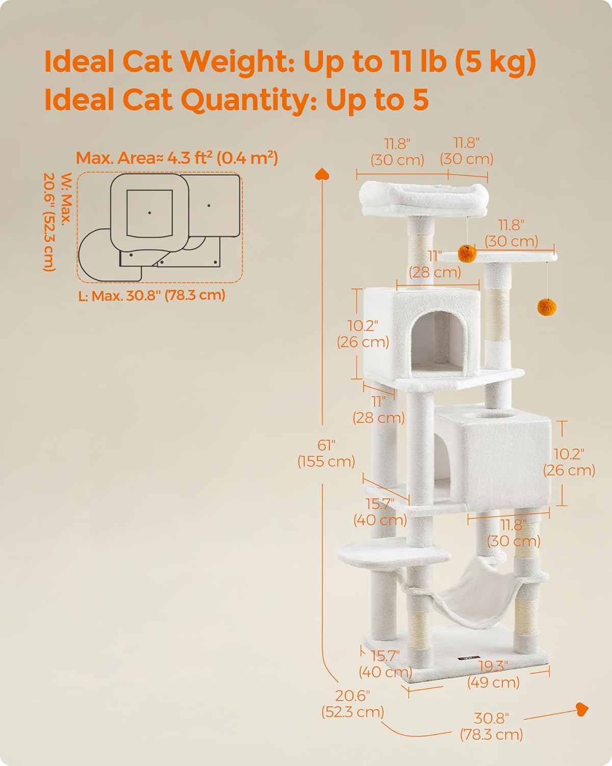 Feandrea Cat Tree, 61-Inch Cat Tower for Indoor Cats, Plush Multi-Level Cat Condo with 5 Scratching Posts, 2 Perches, 2 Caves, Hammock, 2 Pompoms, Light Gray UPCT192W01