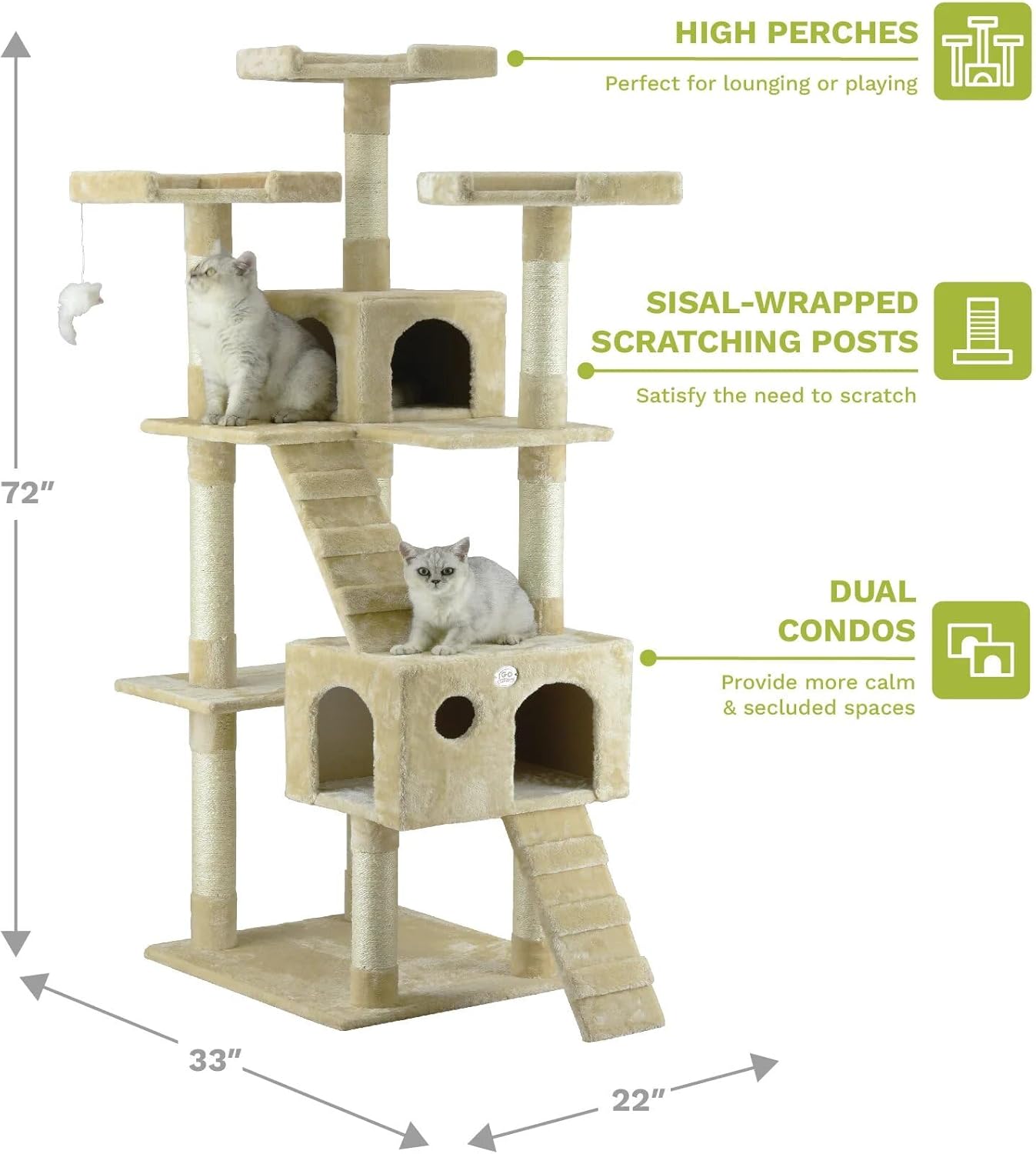 Go Pet Club 72 Tall Cat Tree Tower with Cat Condos - Large Cat Tree - Cat Tower for Indoor Cats - Play Scratch Hide Climb Activity Furniture with Toy - Black