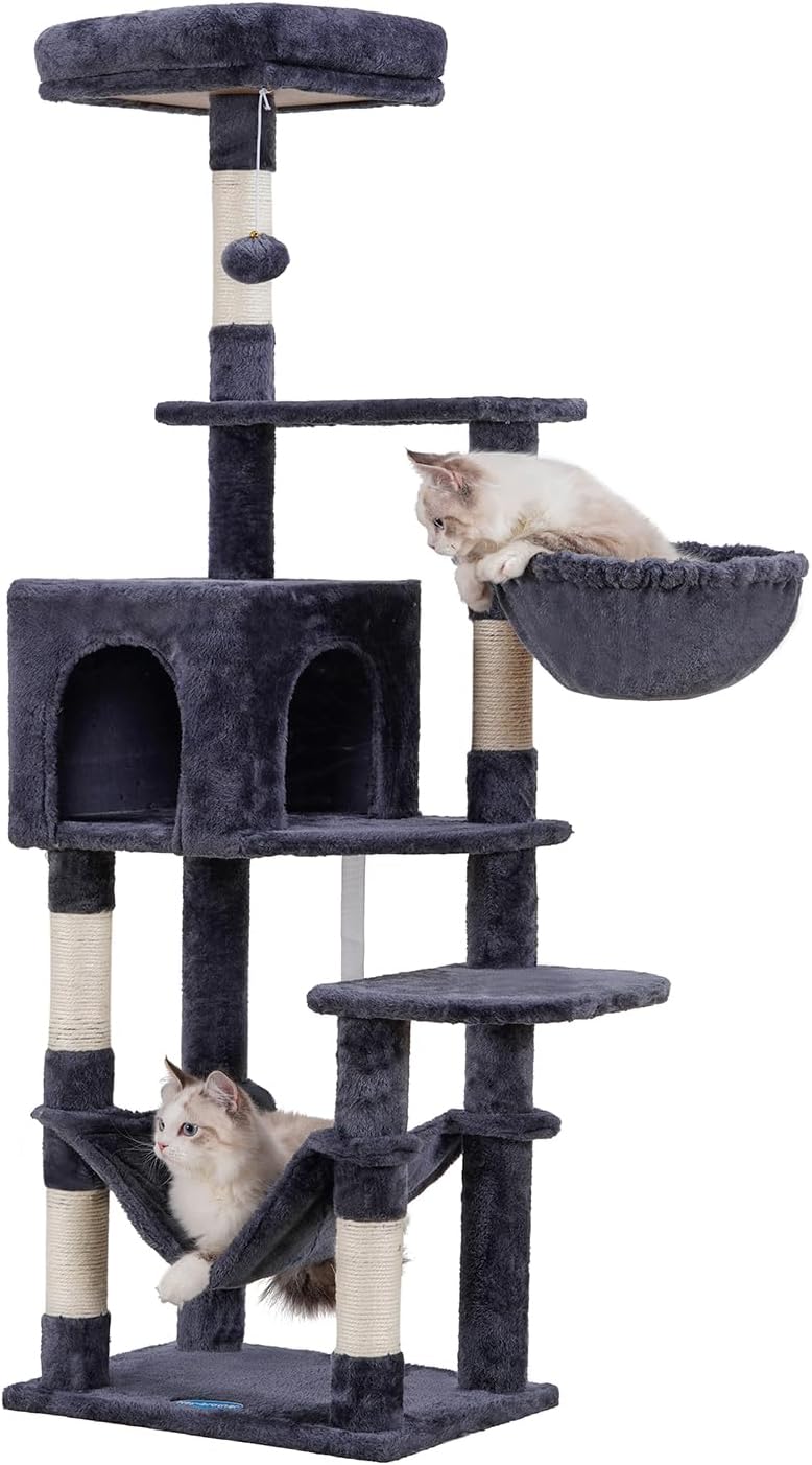 Hey-brother Cat Tree with Large Hammock, Multi-Level Cat Tower for Indoor Cats, Cat Condo with Sisal-Covered Scratching Posts and Top Perch, Smoky Gray MPJ050G