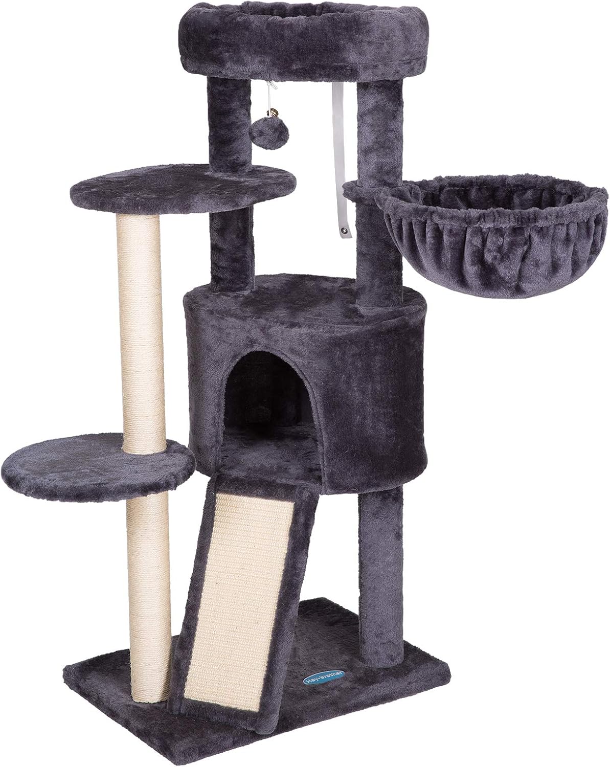 Hey-brother Cat Tree with Scratching Board, Cat Tower with Padded Plush Perch and Cozy Basket, Multi-Platform for Jump, Smoky Gray MPJ005G