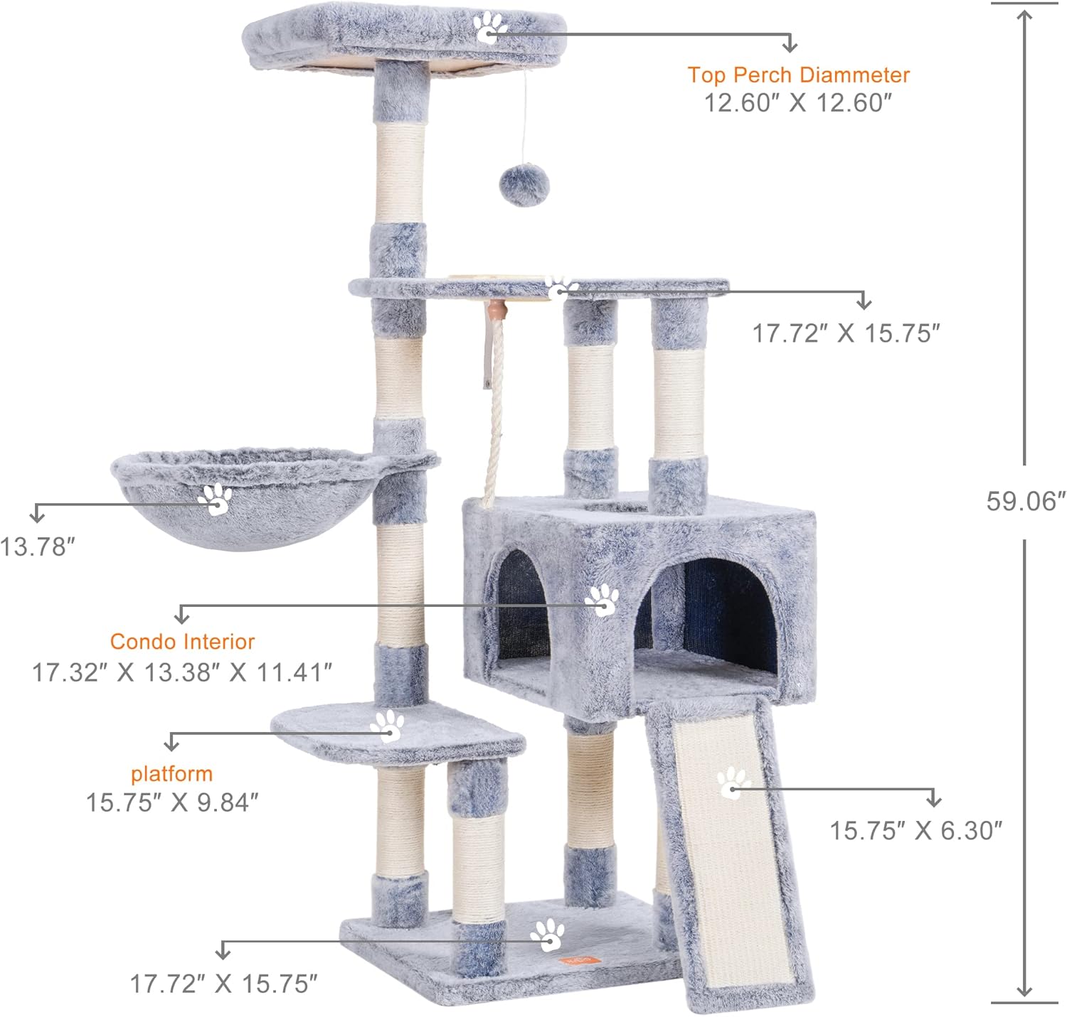 Heybly Cat Tree, Cat Tower for Indoor Cats with Scratching Board, Multi-Level Cat Furniture Condo with Feeding BowlLight Gray HCT010W