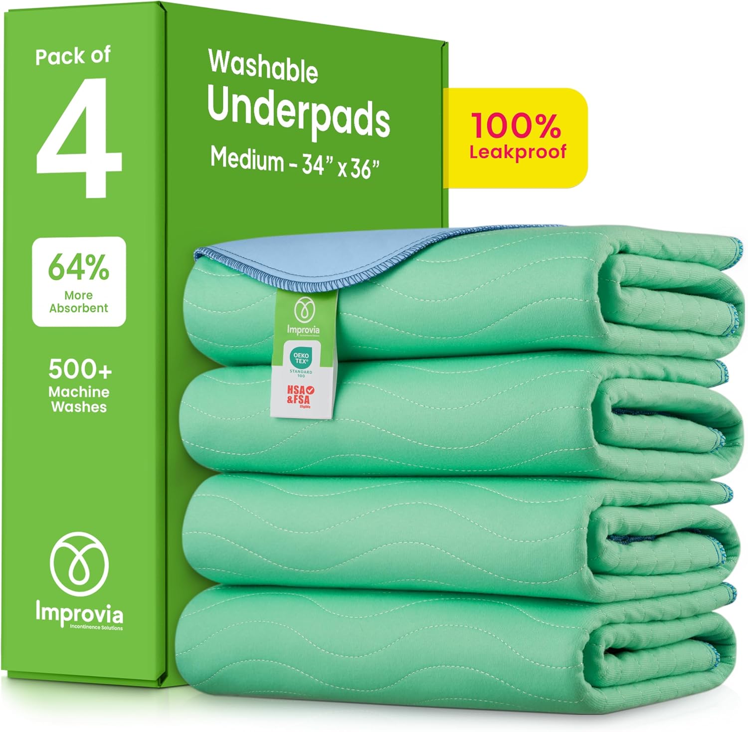 IMPROVIA® Washable Underpads, 34 x 36 (Pack of 4) - Heavy Absorbency Reusable Bedwetting Incontinence Pads for Kids, Adults, Elderly, and Pets - Waterproof Protective Pad for Bed, Couch, Sofa, Floor