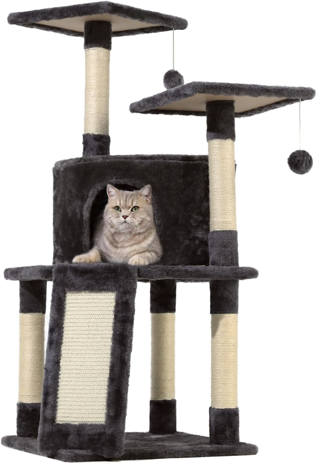 KSIIA Cat Tree for Indoor Cats 38 inch Cat Tower with Sisal-Covered Scratching Post and Multi-Level Perches Kittens Cozy Cat Condo, Grey