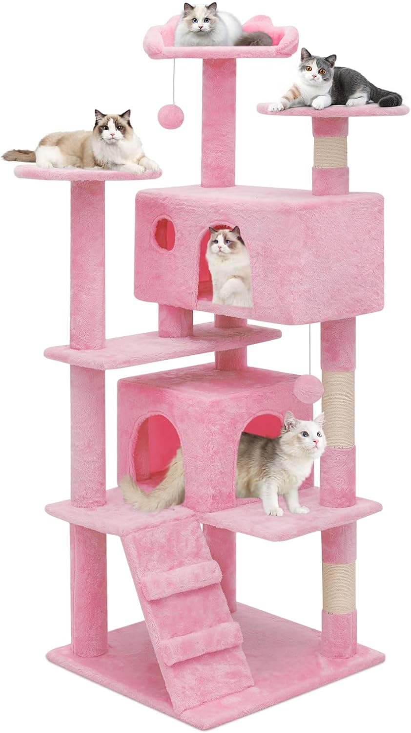 MoNiBloom Cat Tree, 54 Inch Cat Tree Tower with 2 Cat Condo, Cat Tower with Scratching Post, Cat Climbing Tower, Cat Tree for Indoor Cats, Soft Pink