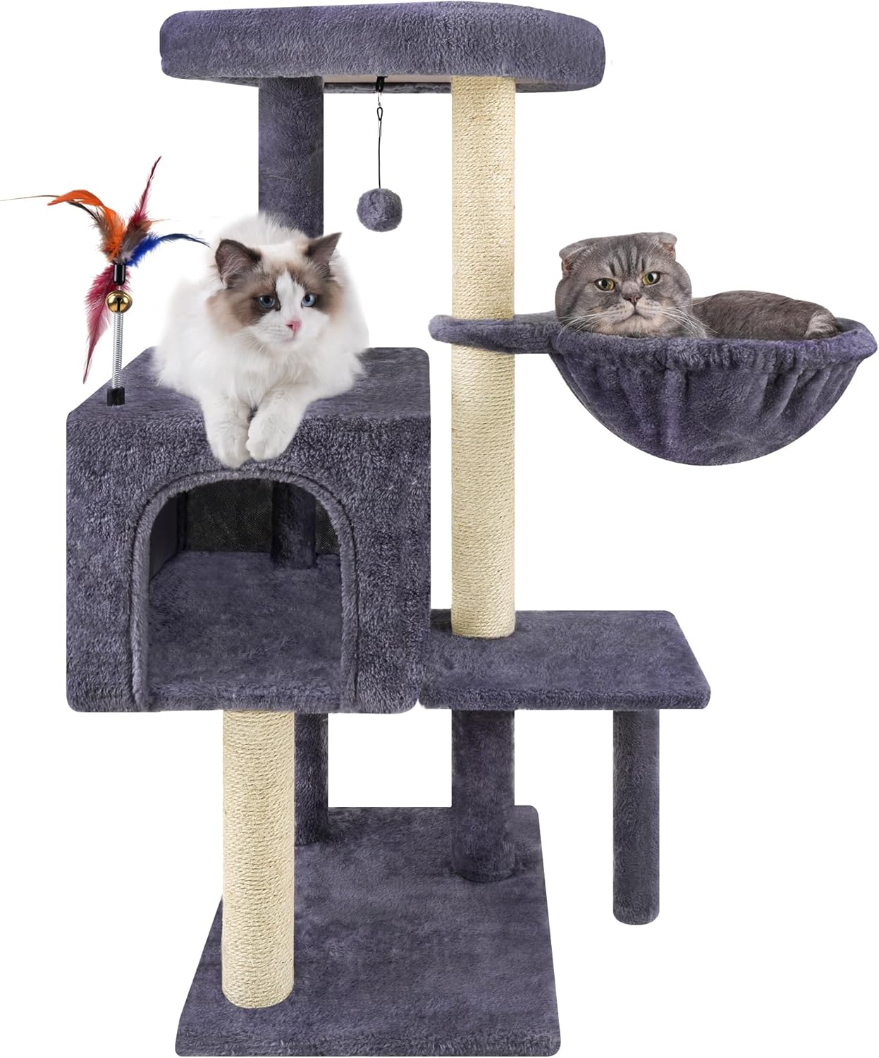 Multifunction Cat Tree has Cozy Hammock  Hanging Ball, Cat Tower with Activity Centre Furniture  Jute-Covered Scratching Posts Grey