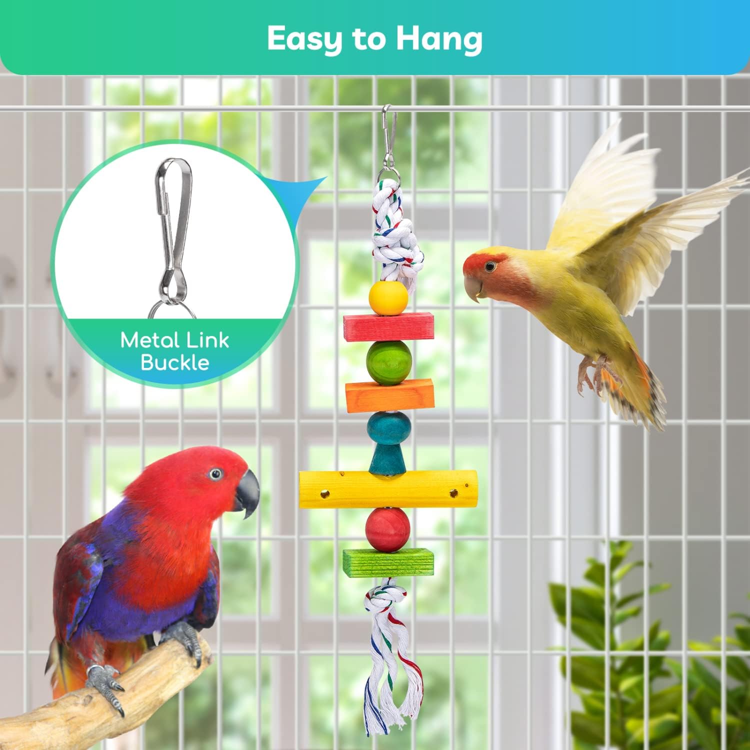 Nobleza Bird Toys, 2 Pack Parrot Chew Toys with Nature Wood Non-Toxic Safe Cotton Rope, Colorful Foraging Toys Bird Cage Accessories for Parrots, Cockatiels, Parakeets, Budgies