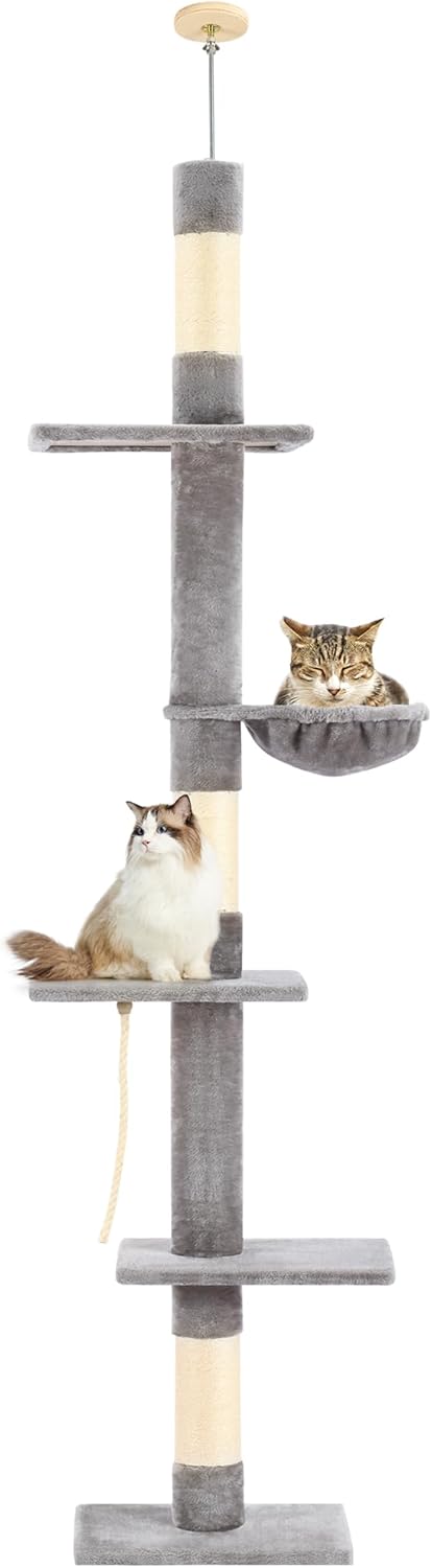 PAWSCRAT 5-Tier Cat Tree, 89-109 Inch Adjustable Height, Sisal Scratching Post, Provides Cats Vertical Enrichment, Exercise, Privacy, and Mental Stimulation