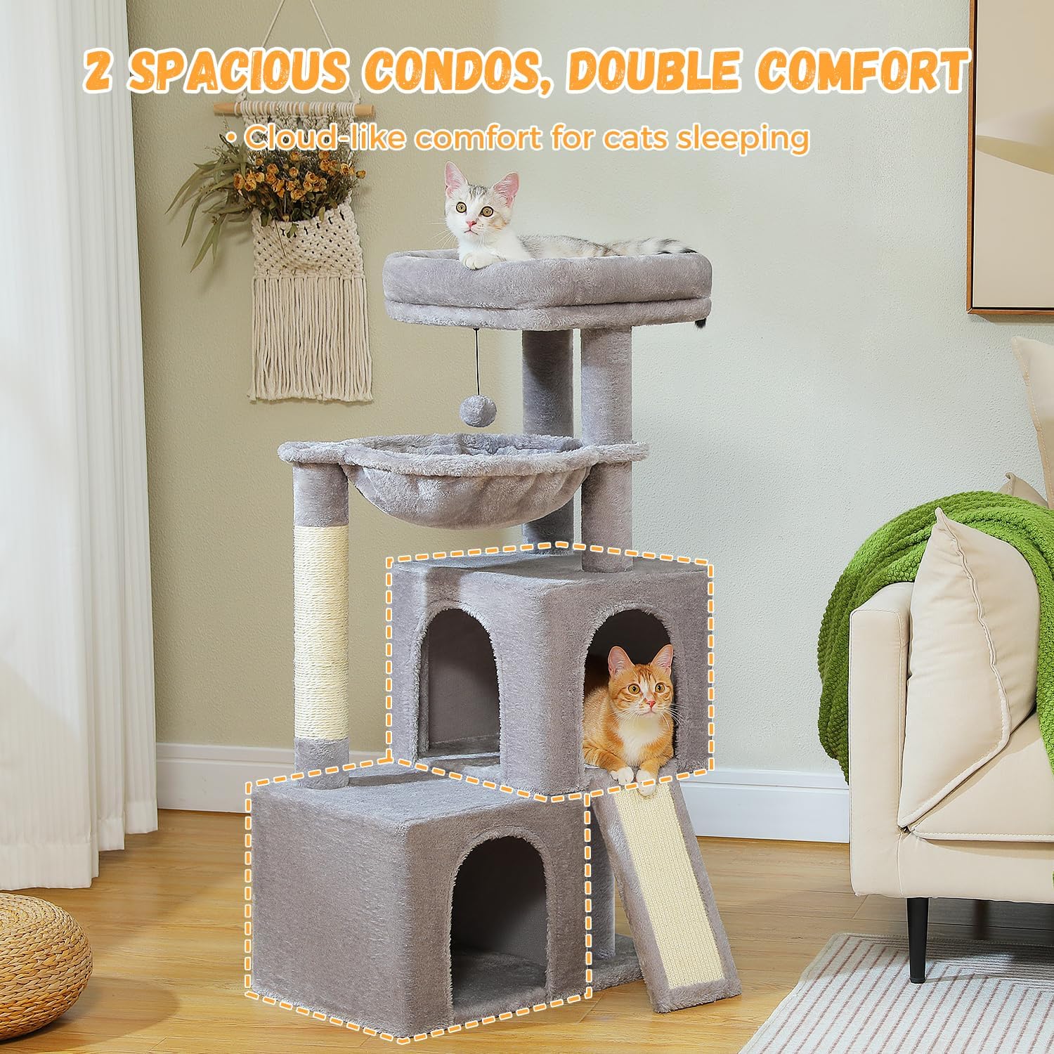 PAWZ Road Cat Tree, 30 Inches Cat Tower with Dual Condos for Indoor Cats, Plush Cat House with Padded Perch, Scratching Ramp and Posts and Replaceable Balls-Gray