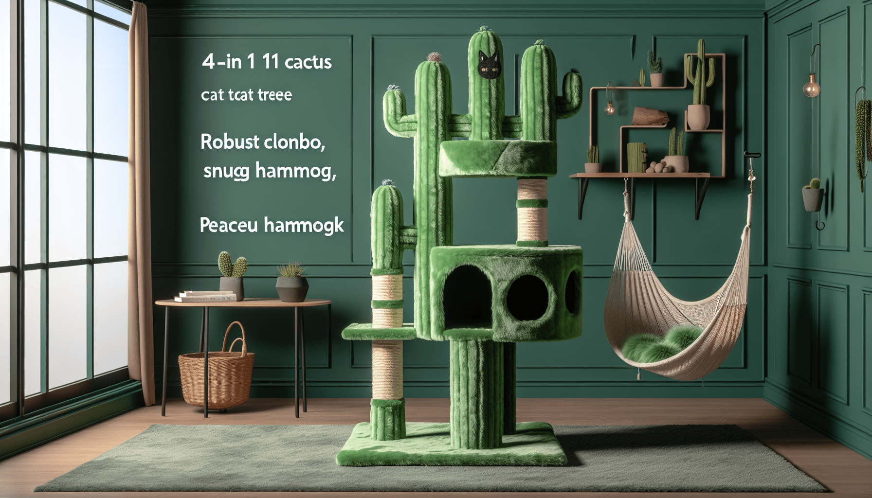 PEQULTI 4-in-1 Cactus Cat Tree, 33 Cat Tower for Indoor Cats with Large Cat Condo, Cat Scratching Post for Cats with Deep Hammock Cozy Top Perch,Green