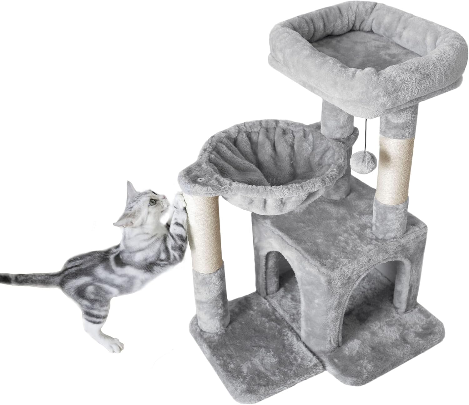 Pesofer Cat Tree, Small Cat Tower with Sisal Scratching Post and Hammock Light Gray