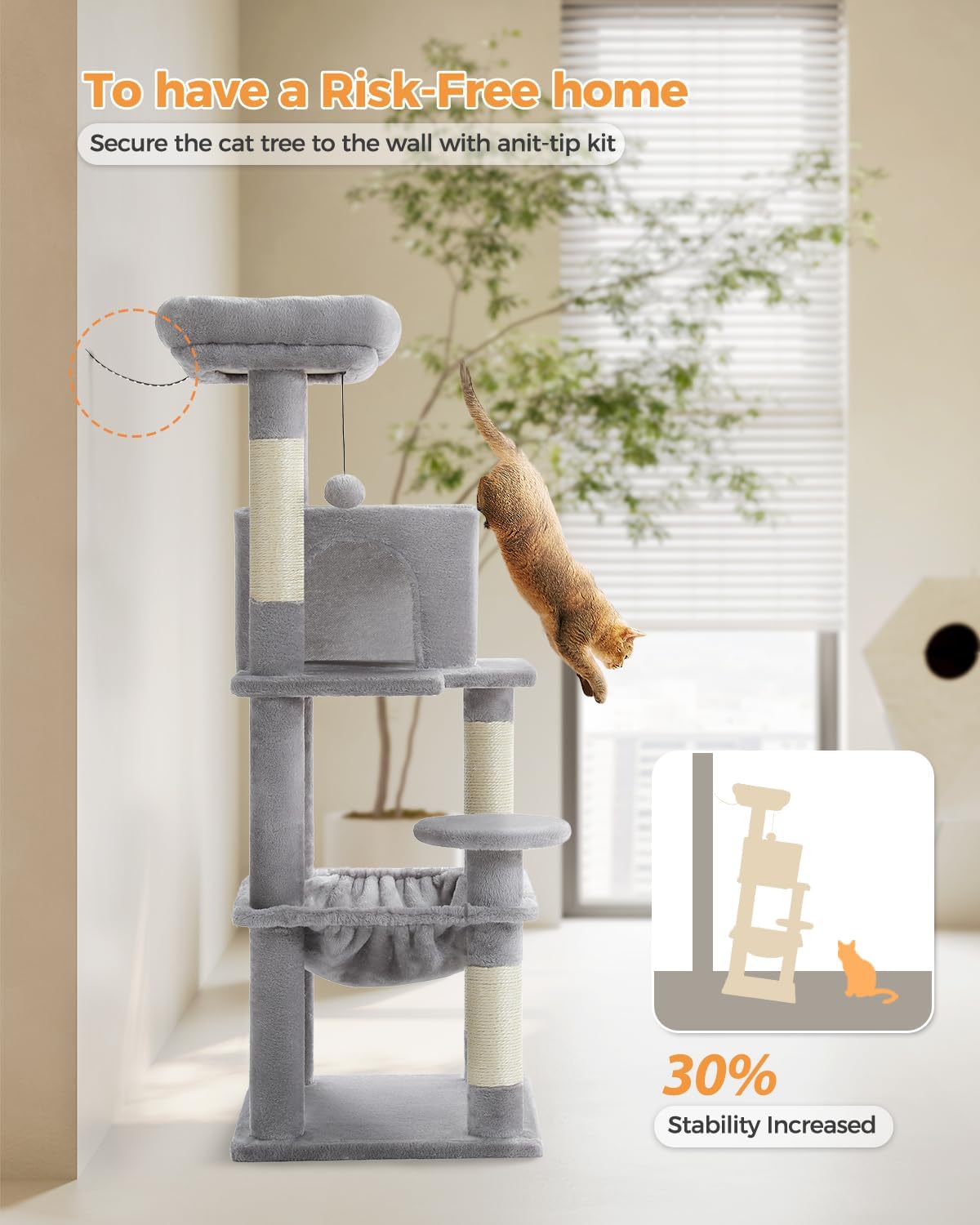 PETEPELA 45.7 Cat Tree for Indoor Cats, 5-Level Cat Tower for Large Cats with Metal Frame Large Hammock (17.3x15.3), Cat Condo with (18.5x13) Big Top Perch  4 Sisal Covered Scratching Post Grey