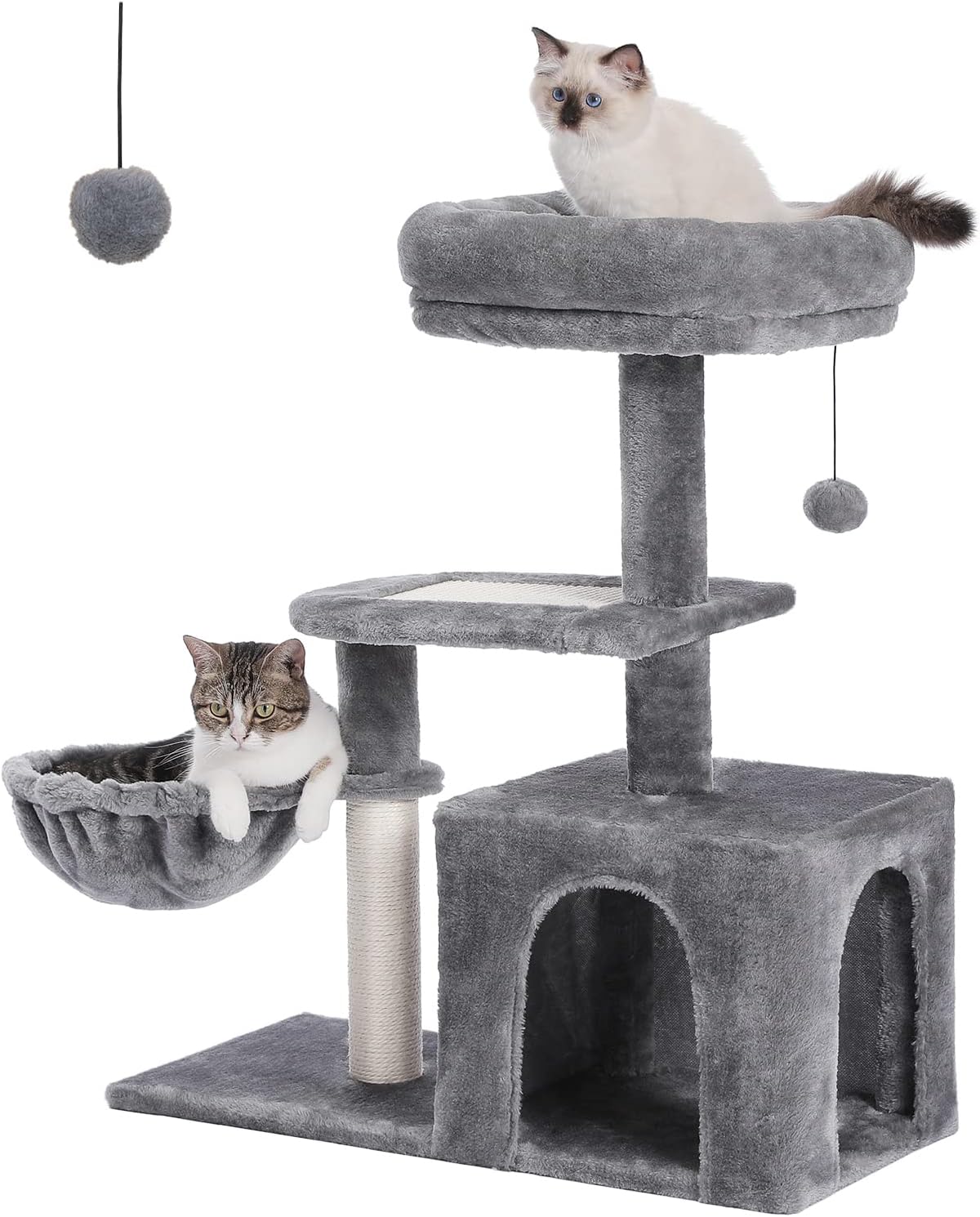 PETEPELA Cat Tree for Small Indoor Cats, Plush Cat Tower with Large Cat Condo, Deep Hammock and Sisal Cat Scratching Post for Kittens Grey