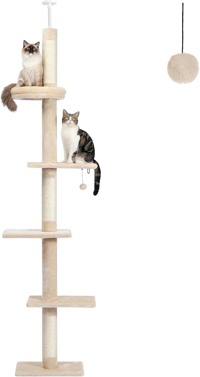 PETEPELA Floor to Ceiling Cat Tree, Cat Tower 5-Tier Height(95-107 Inches) Adjustable, Tall Cat Climbing Tree Featuring with Scratching Post, Cozy Bed,Interactive Ball Toy for Indoor Cats/Kitten Beige