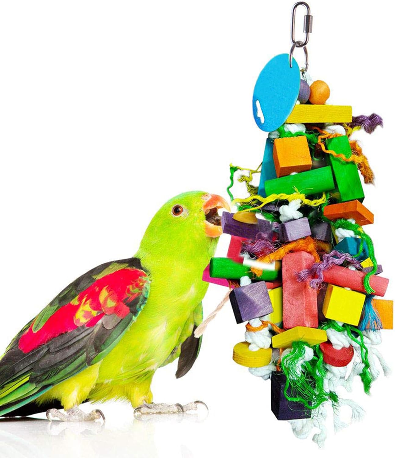 SunGrow Parrot Wooden and Rope Chewing Toy, Multi-Shaped and Multicolored Blocks and Cotton Rope with Hanging Loop