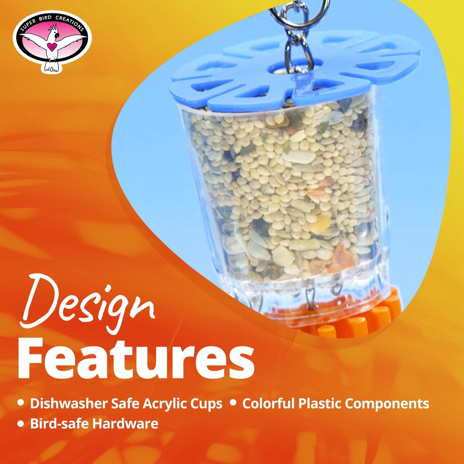 Super Bird Creations SB632 Foraging Bottom’s Up Bird Toy with Clear Acrylic Cups, Medium/Large Bird Size, 18” x 2.5”