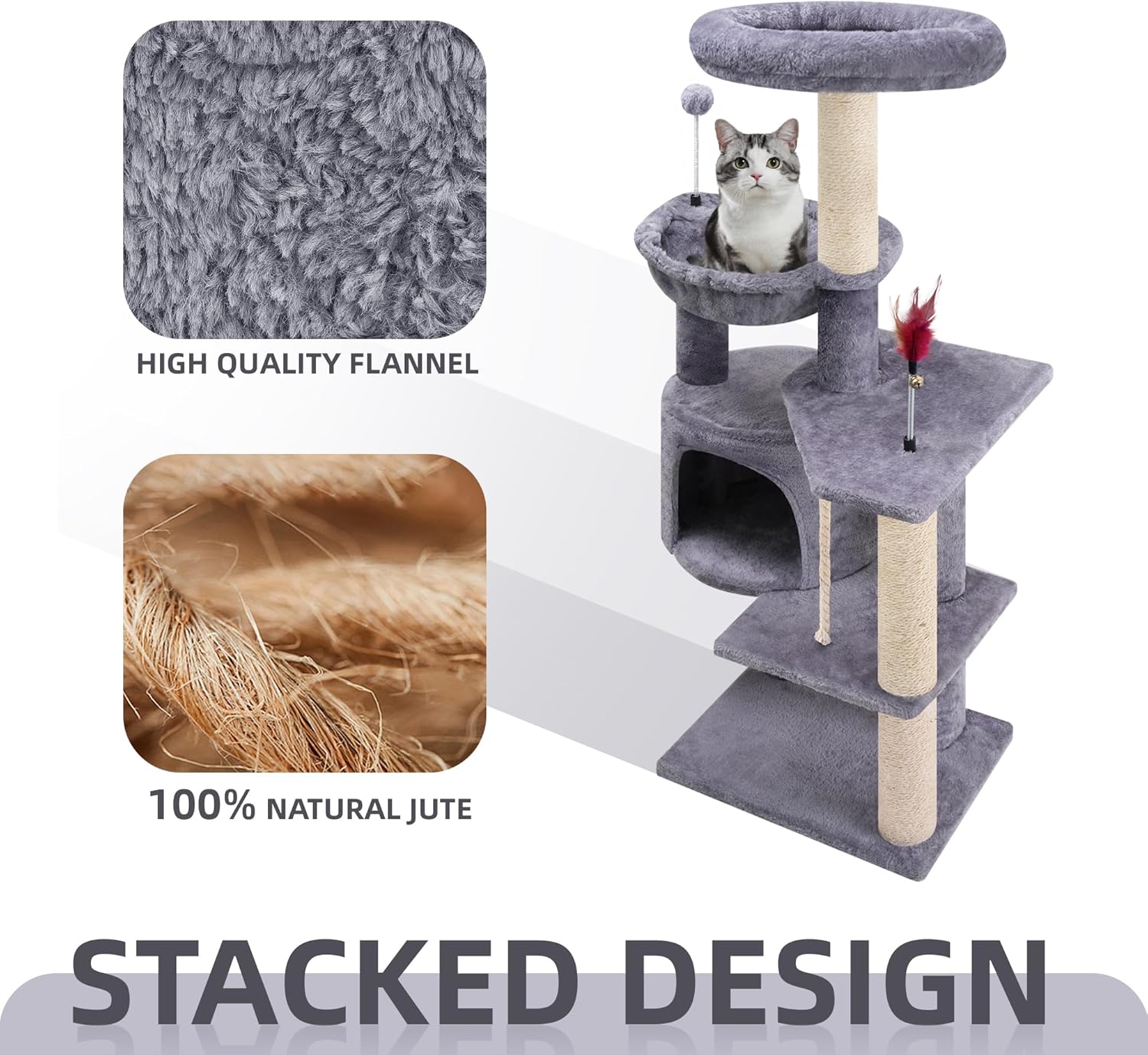 TINWEIUS Multifunctional Cat Tree for Indor Cats, Cat Tower with Cozy Condo, Perches, Scratching Posts and Hanging Rope, Grey