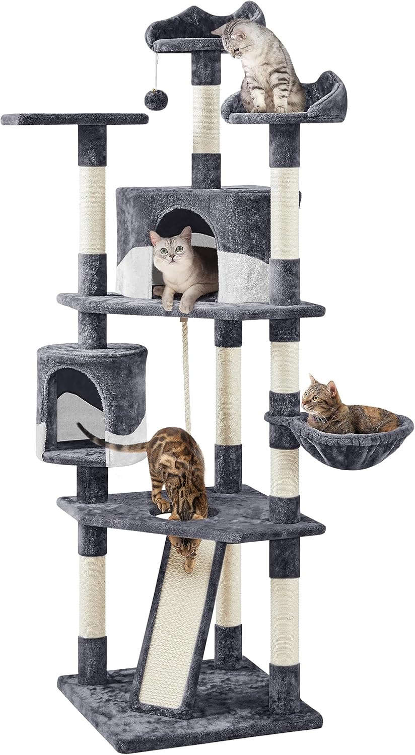 Yaheetech 79in Multi-Level Cat Trees Indoor Cat Tower with Sisal-Covered Scratching Posts, Plush Perches and Condo for Kittens, Cats and Pets - Dark Gray and White