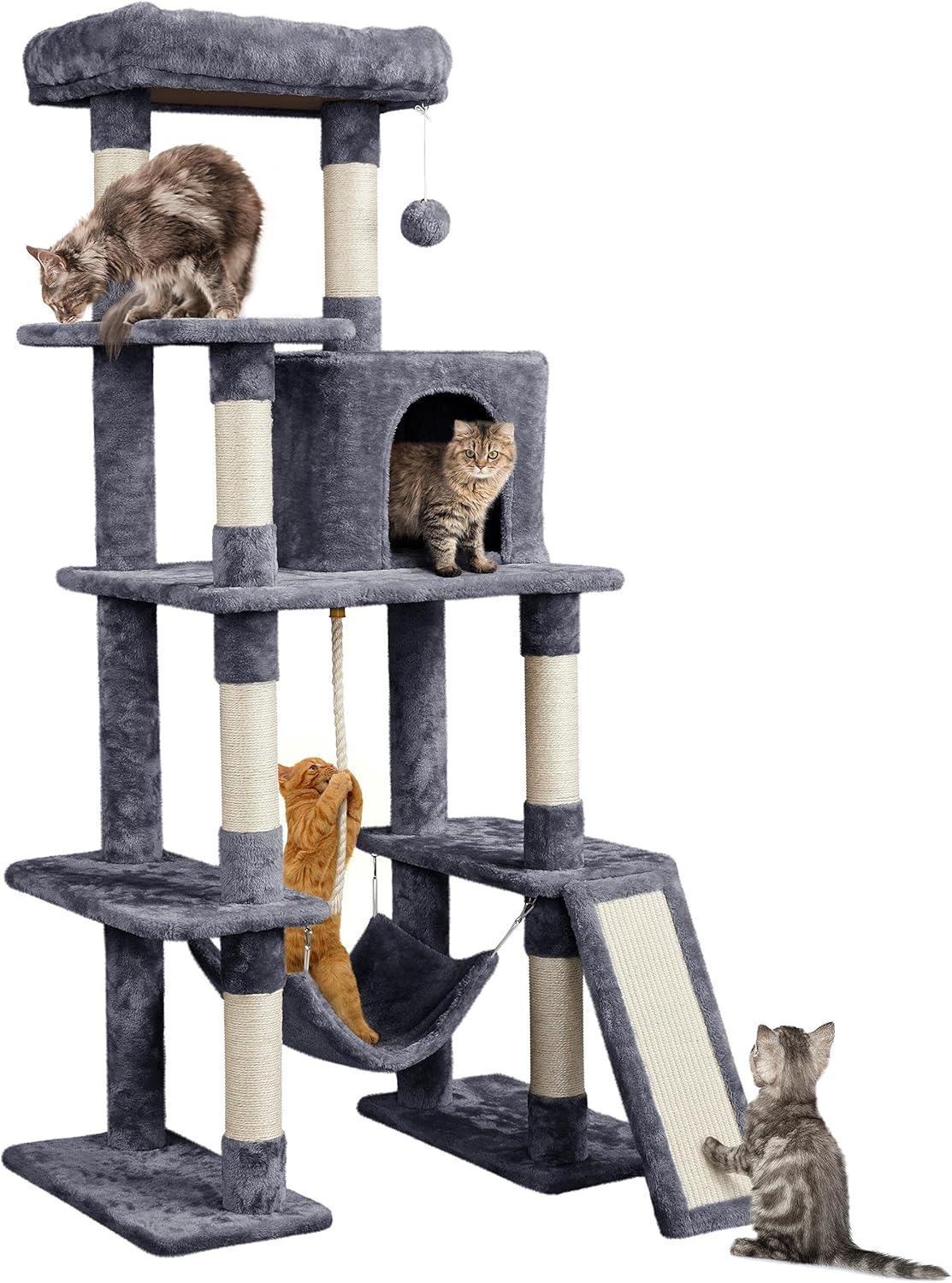 Yaheetech Large Multi-Level Cat Tree, 63 Inches Tall with Sisal-Covered Scratching Posts, Condo, Hammock, Dangling Ball, and Extended Platform for Cats to Play and Sleep