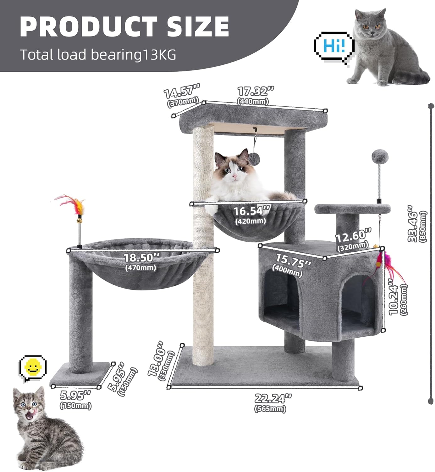 YOUPET 33.46 Cat Tree Tower with Cat Condo and Scratching Post for Indoor Cats, Activity Center Cat Furniture with Two Big Hammock and Spring Toy Balls, Grey