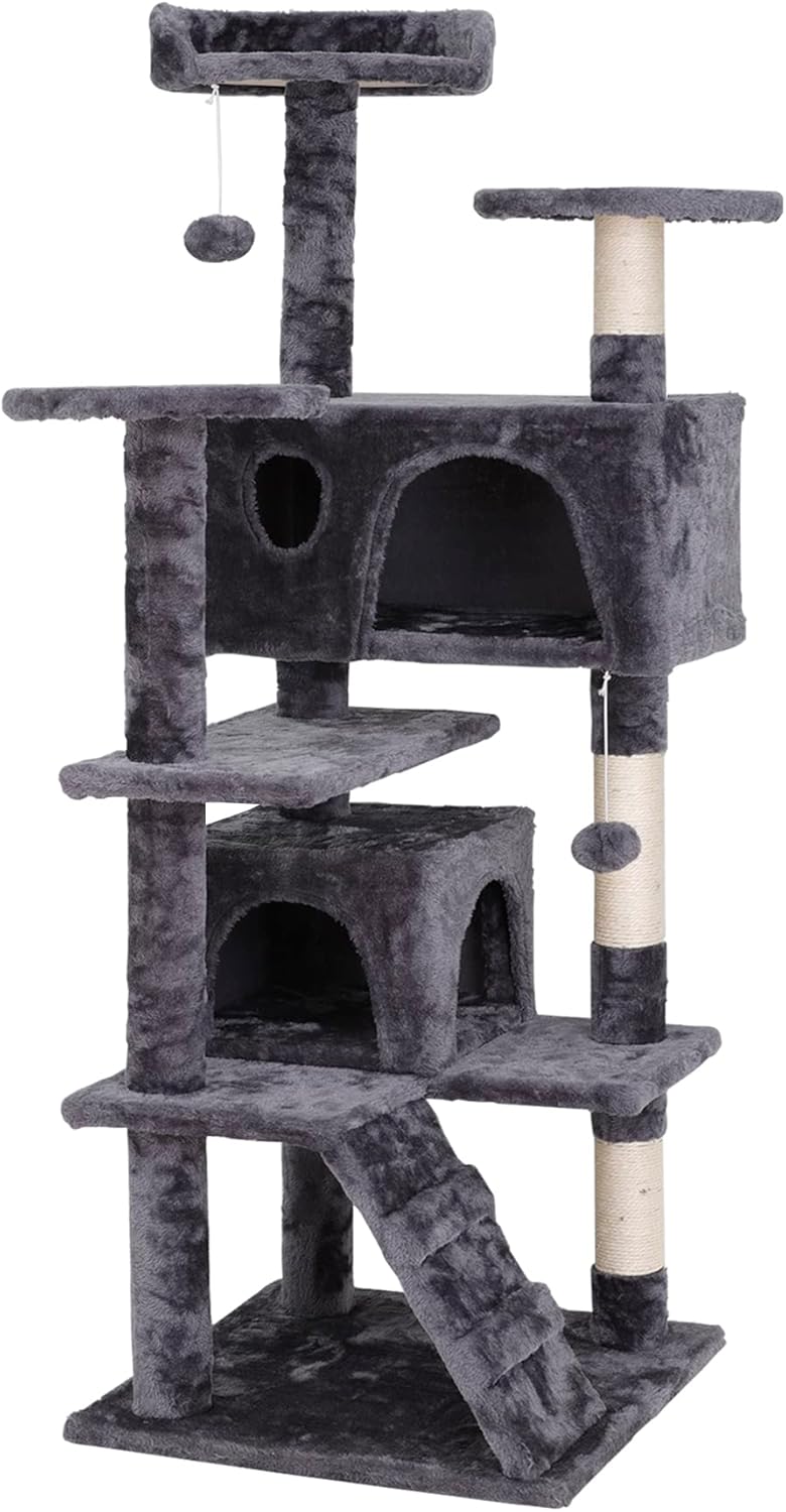 ZENY 54 Inch Cat Tree, Indoor Cat Tower Condo, Multi-Level Cat House with Sisal-Covered Scratching Post + 2 Play House, Pet Cat Furniture, Grey