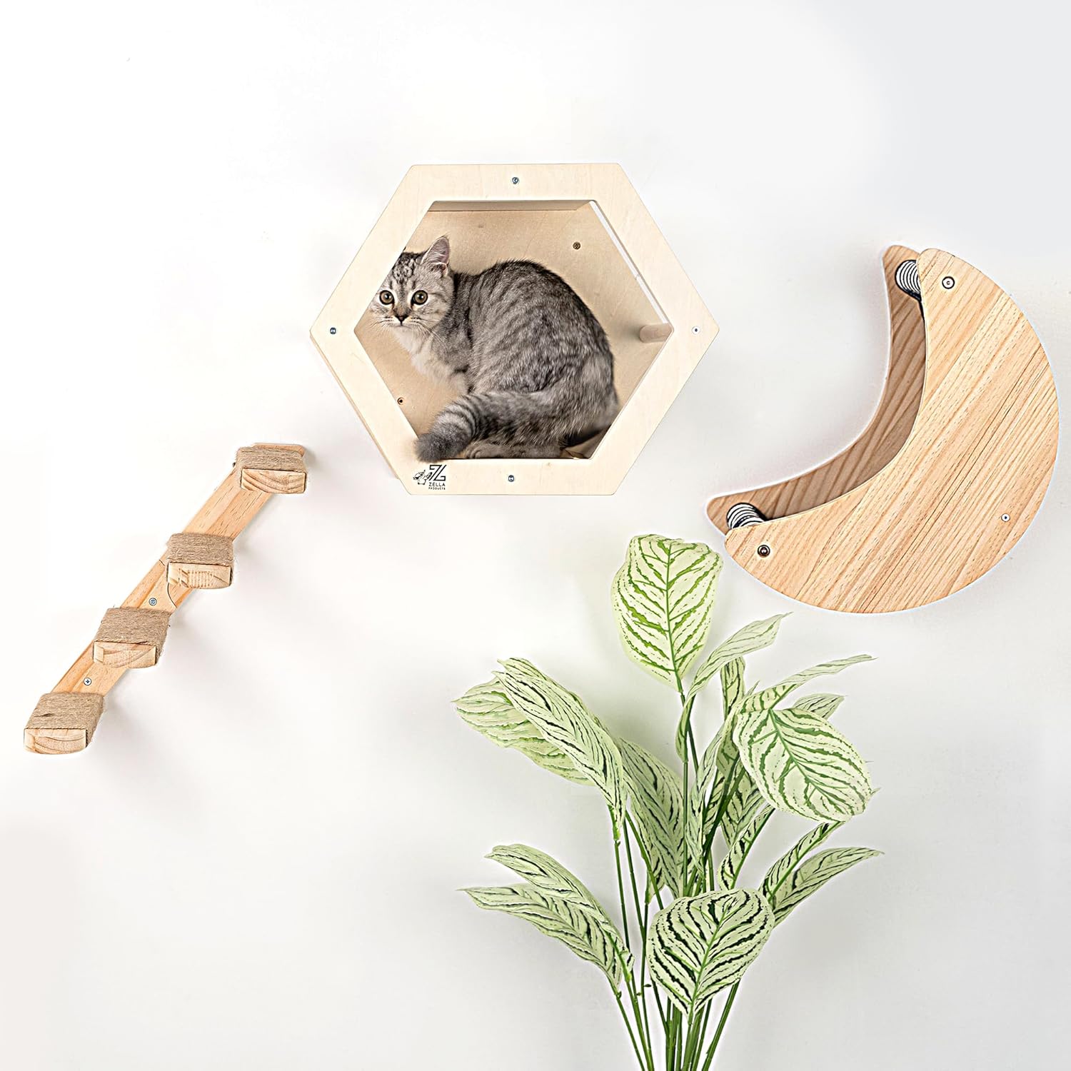 3-Piece Cat Wall Furniture Set - Hammock, Hexagon House, Climbing Steps - Wall Mounted Shelves, Perches, and Beds - Modern Design for Large Cats and Kittens  Spare Hammock Fabric Included