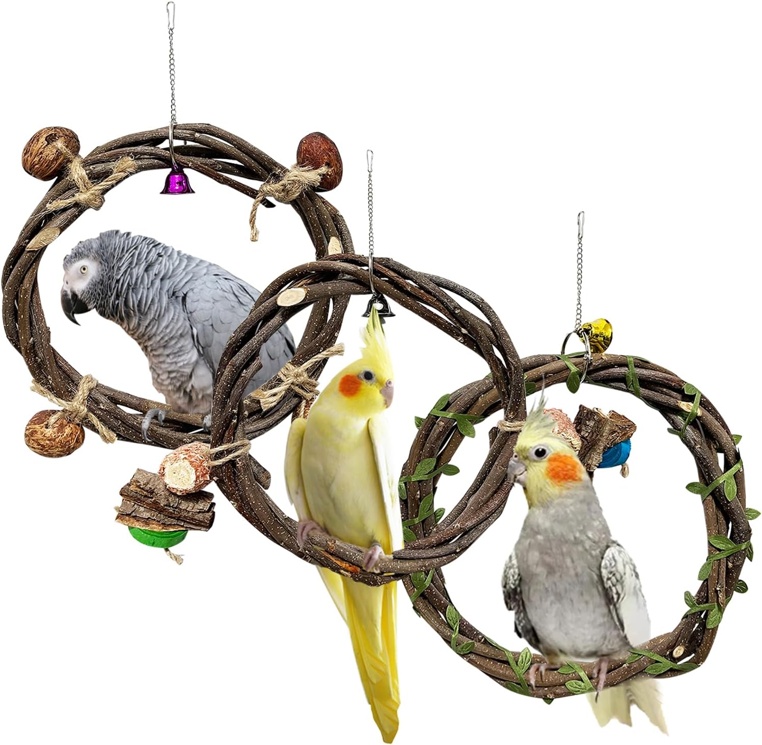 3Pcs Parrot Swing, Natural Wood Bird Perch Climbing Toys for Parrots Budgie Parakeet Cockatiel Cockatoo Conure Toys, Parrot Accessories (18cm/19.5cm/28cm)