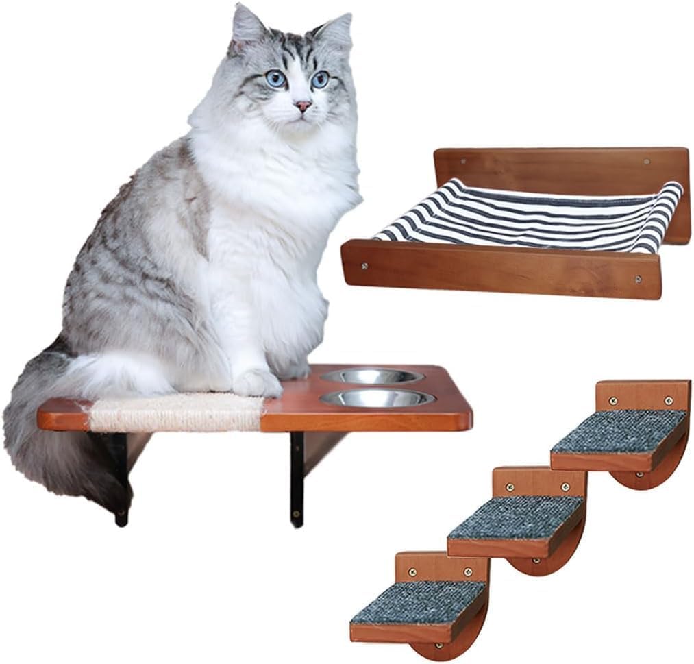 5 PC Modern Cat Wall Shelves, Sturdy Cat Wall Furniture, Cat Shelves for Wall, Cat Hammock Bed, Cat Climbing Steps, Elevated Cat Feeding Shelf, Wall Mounted Cat Furniture Cat Scratching Post