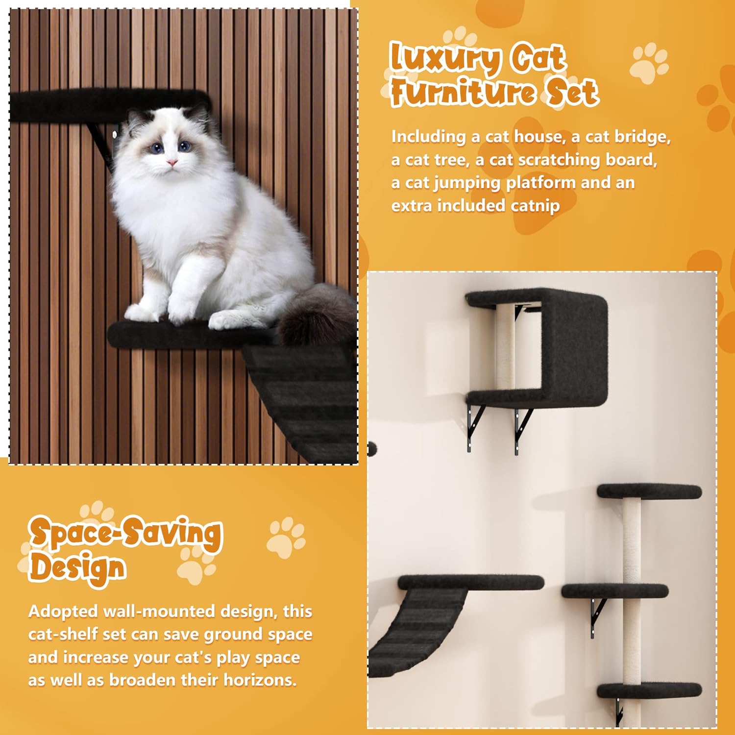 5 Pcs Wall-Mounted Cat Climber Set, Wood Indoor with Cat Shelves and Perches, Ladder, Cat Condo House, Scratching Board and Cat Tree, Cat Wall Shelves Furniture (Black)