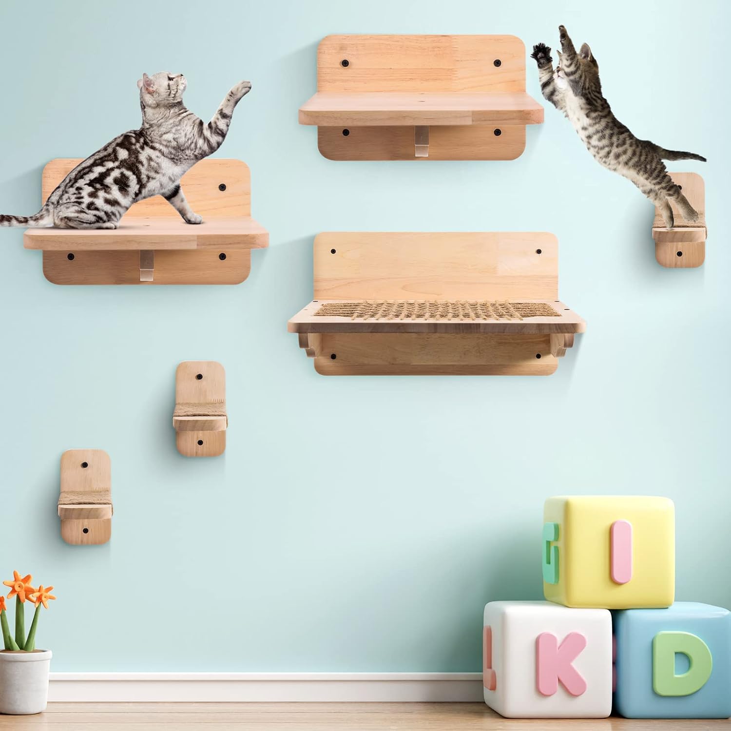 6 Pcs Wall Mounted Cat Shelf Sets Cat Wooden Climbing Shelf Hammock Step Platform with Jute Scratching Cat Wall Furniture Mounted Wall Perches for Cat Sleeping Playing Lounging Perching Activity