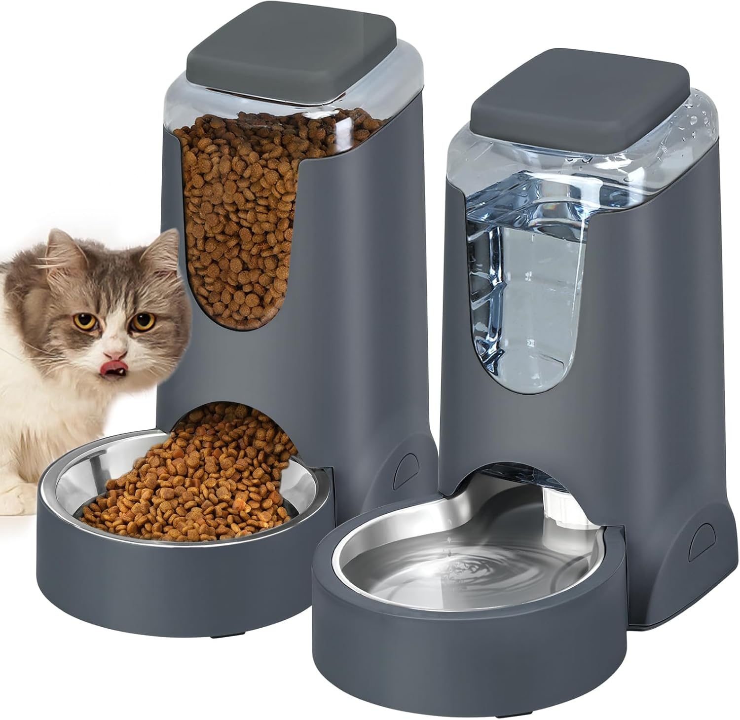 Automatic Cat Feeder and Water Dispenser with Stainless Steel Bowl Dog Gravity Food Feeder and Waterer for Small Medium Pets Puppy Kitten 1 Gallon x 2