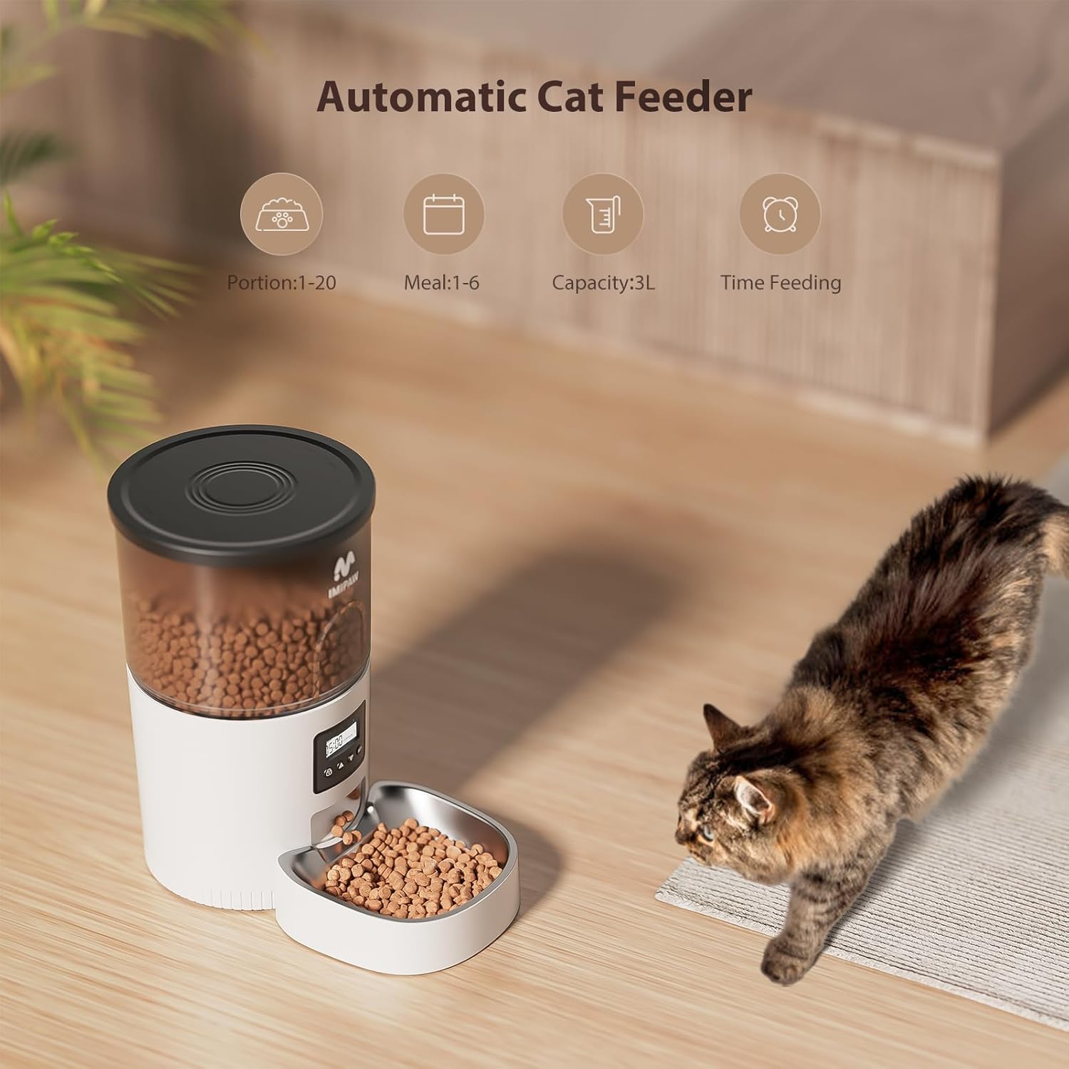 Automatic Cat Feeders, 3L Timed Cat Dry Food Dispenser, Dual Power Supply, Programmable Portion Size, 1-6 Meals Per Day, Auto Pet Feeder for Cats and Small Dogs