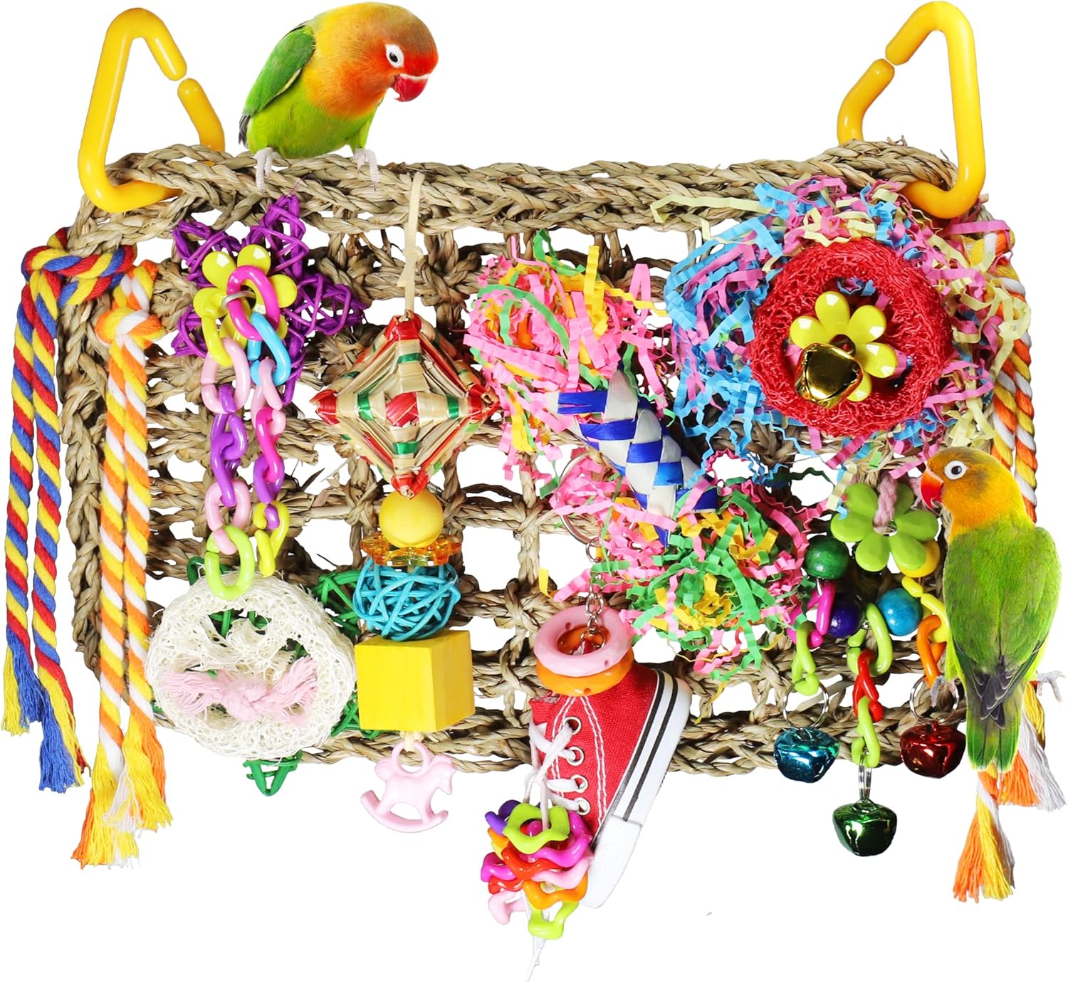 Bird Parakeet Cockatiel Toys, PBIEHSR Bird Foraging Toys Seagrass Woven Climbing Hanging Mat Bird Chewing Toys Perch with Shredder for Lovebird Finch Budgies Conures