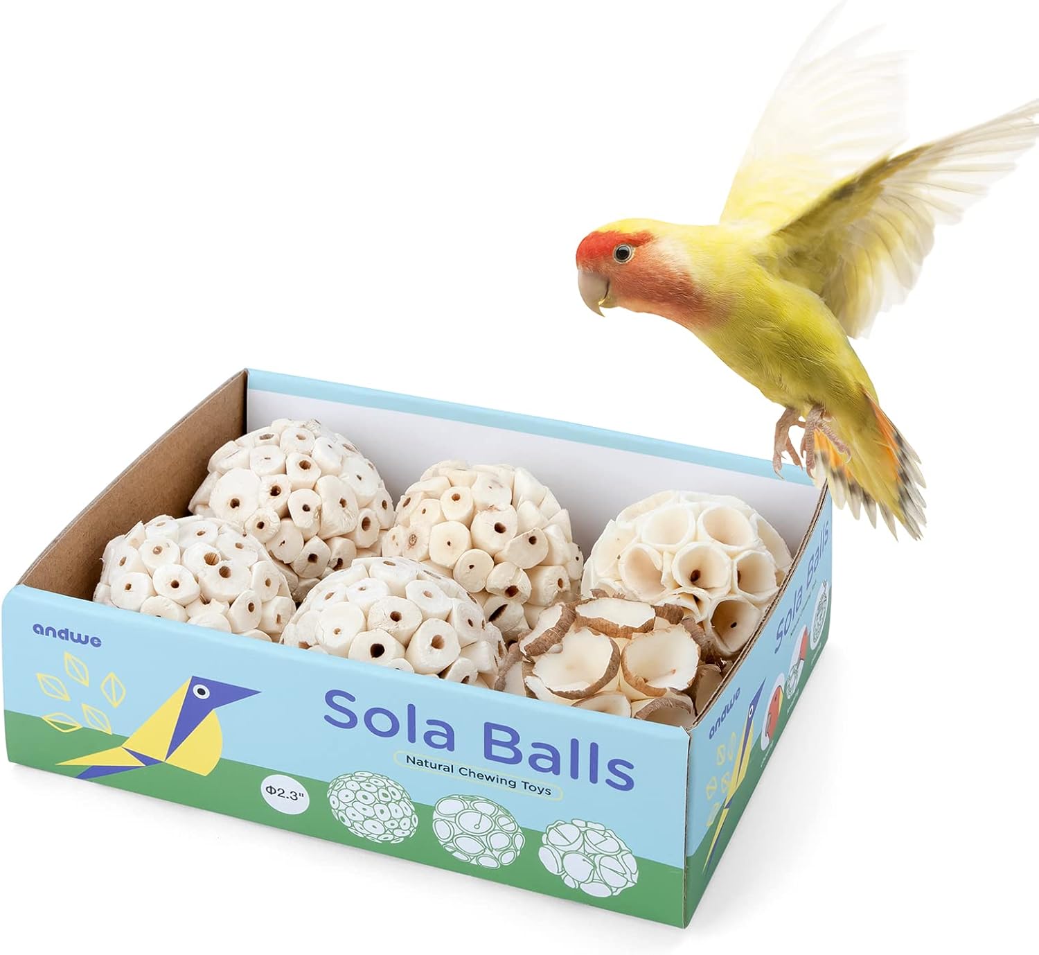 Bird Toy Sola Balls - Natural Soft Chew Shredding  Foraging Toy for Cockatiel Conure Quaker Parrot Budgie Parakeet Rabbit Bunny Guinea Pig Chinchilla (Style 2 (Pack of 6))