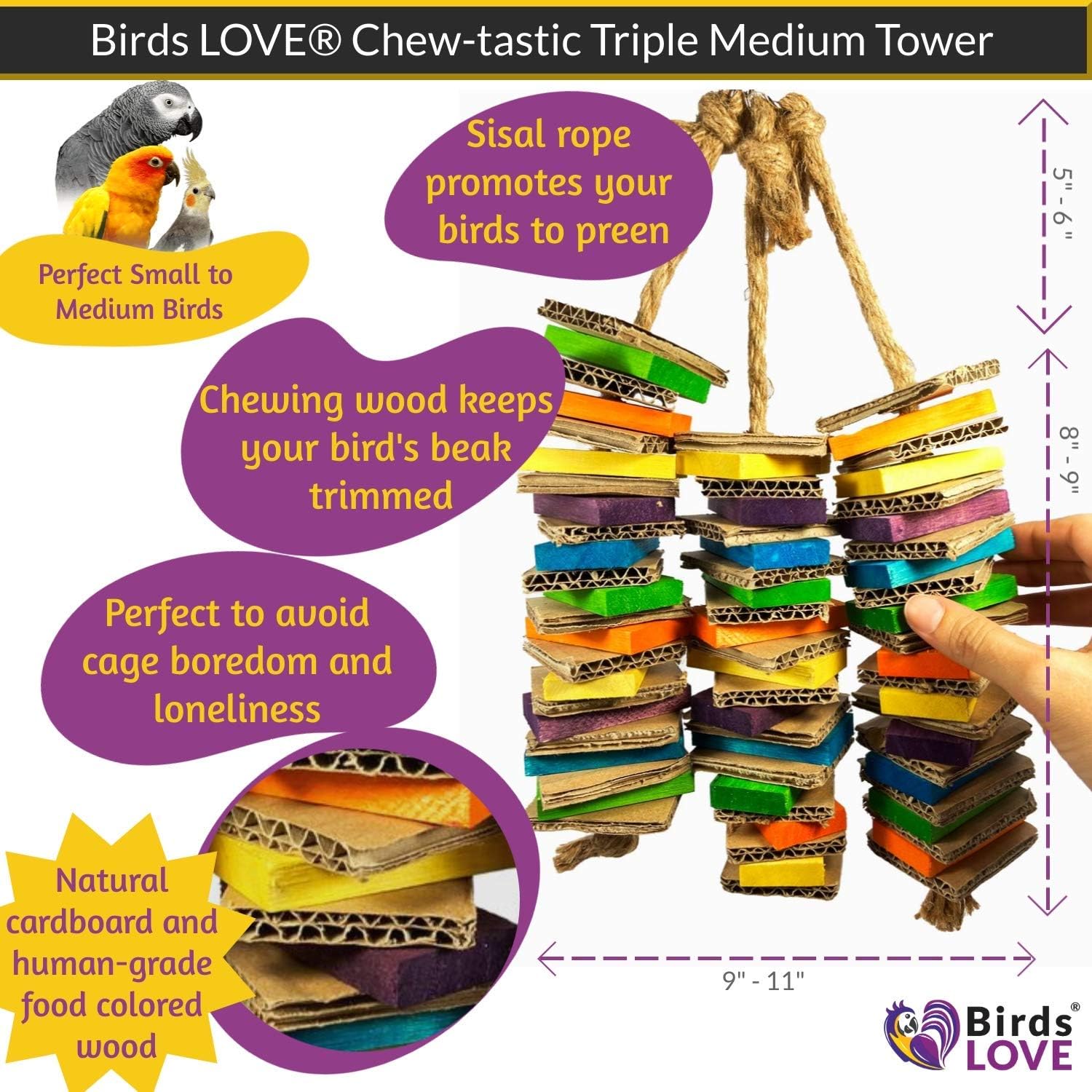 Birds LOVE Chew-Tastic Triple Tower Bird Cage Toy Shredded - Small Bird Toy for Green Cheek Conures Sun Conures Caiques Senegals Quakers and Similar Small Sized Parrots