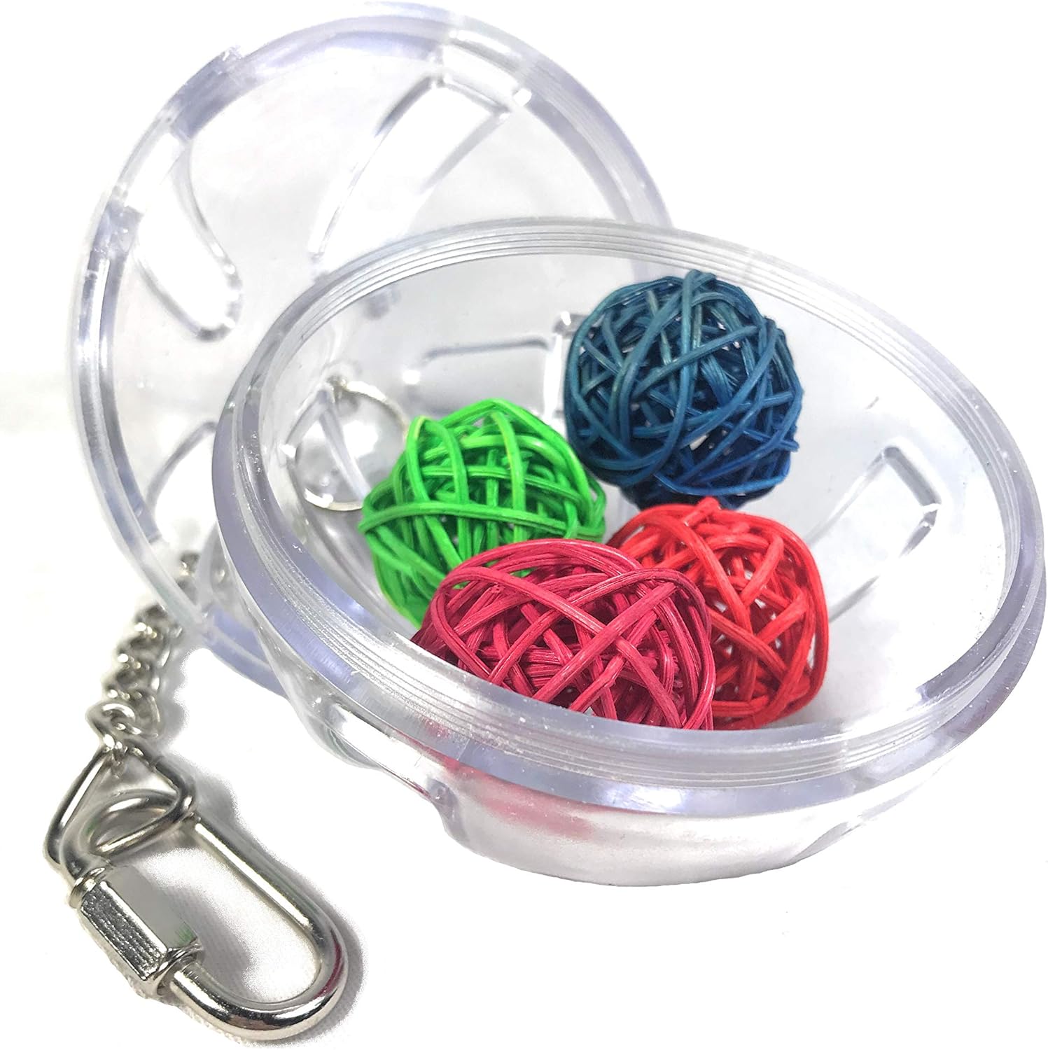 Birds LOVE Premium Hanging Clear Foraging Plastic Perforated Ball - Durable 3 Molded Acrylic Bird Toy with Vine Balls Inside - Ideal Cage Accessory for Medium to Large Avian Species