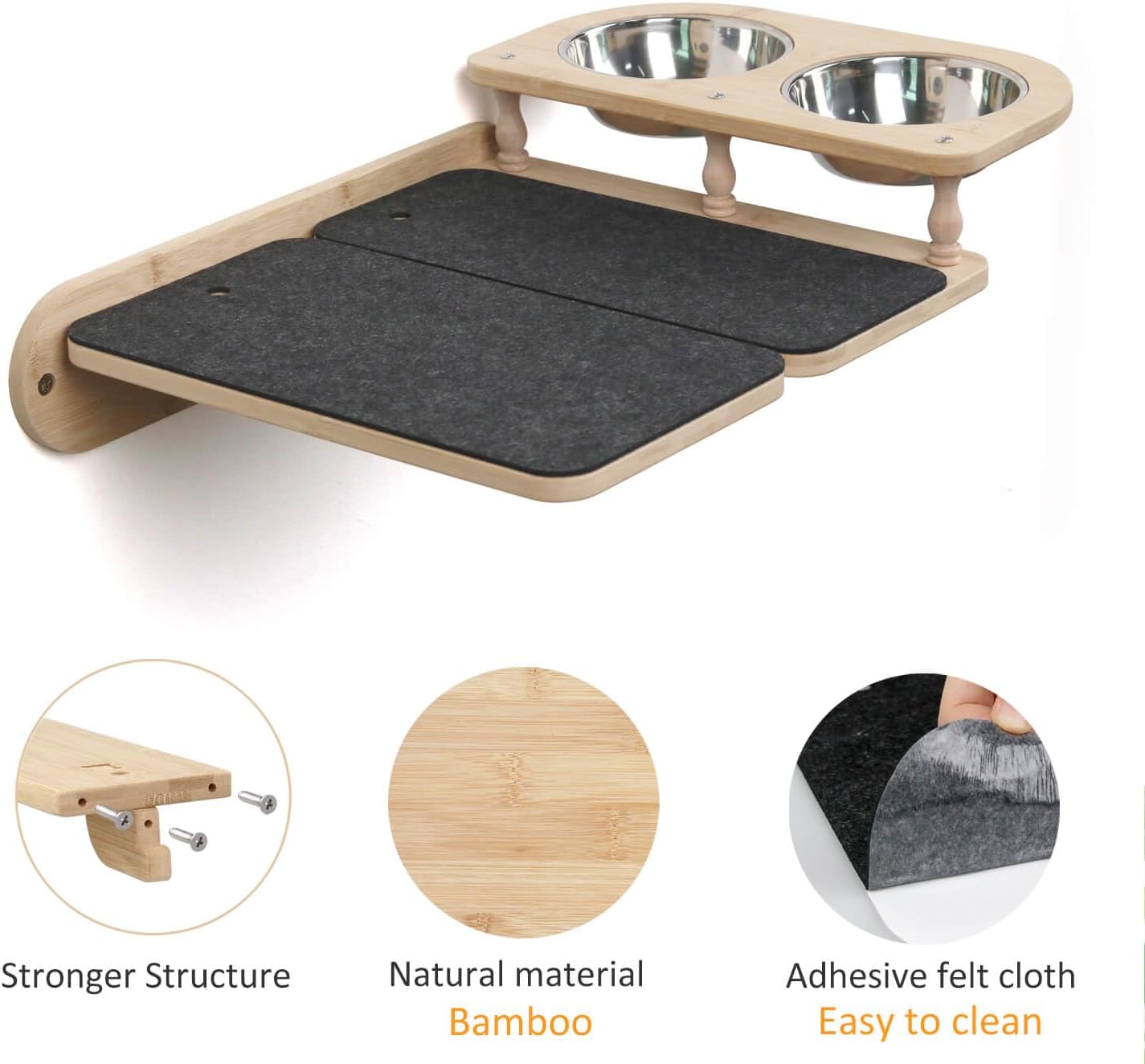 Cat Feeder Wall Mounted, Natural Bamboo Wood Suspension Cat Bowl, Cat Feeder Shelf with Two Bowls, Cat Climbing Shelves with Mat, Blocking Dog Stealing Cat Food, Cat Furniture for Indoor Cat