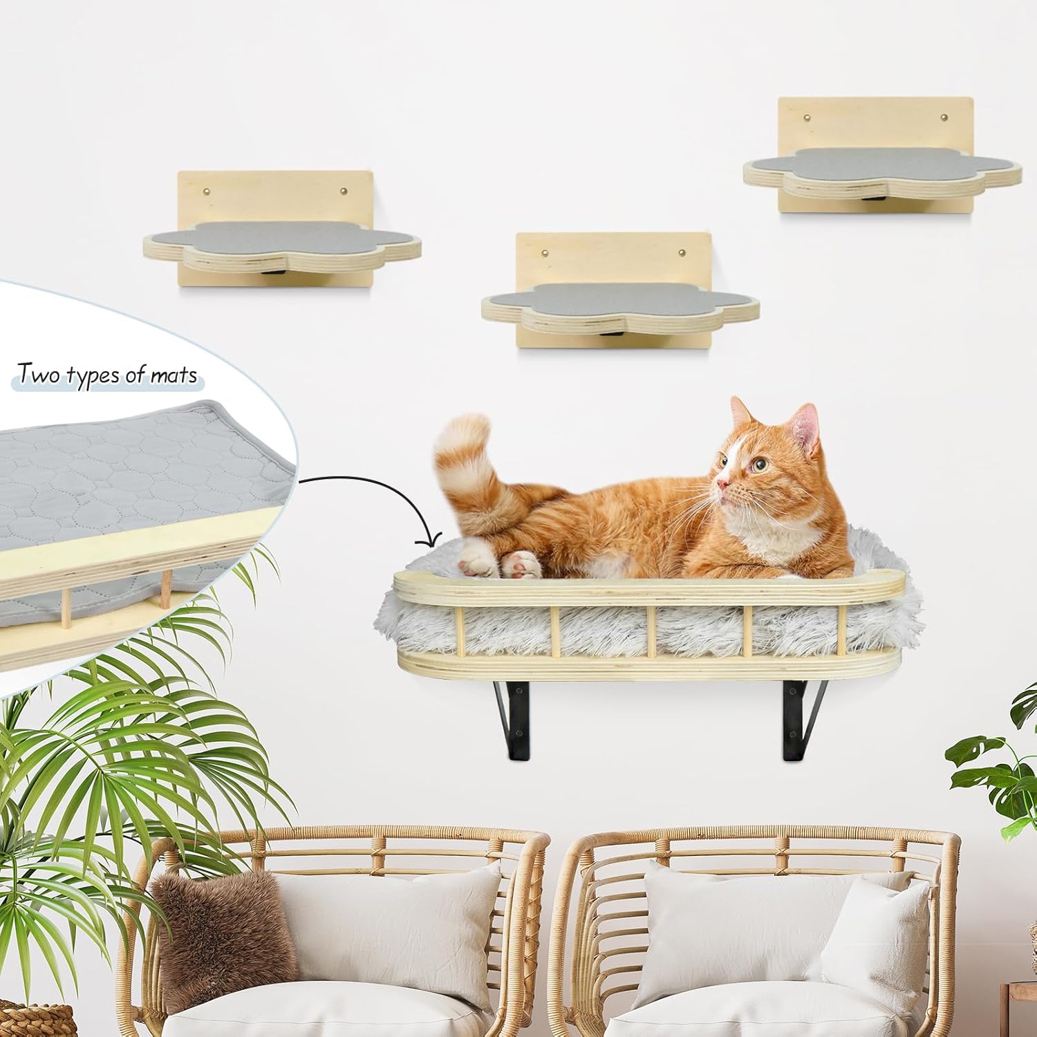 Cat Hammock Cat Wall Furniture with Cooling Mat and Plush Cushion and 3 Wall Steps, Wall Mounted Cat Shelves and Perches, Cat Climbing Shelf Cat Scratching Post for Sleeping, Playing, Gift for Cat