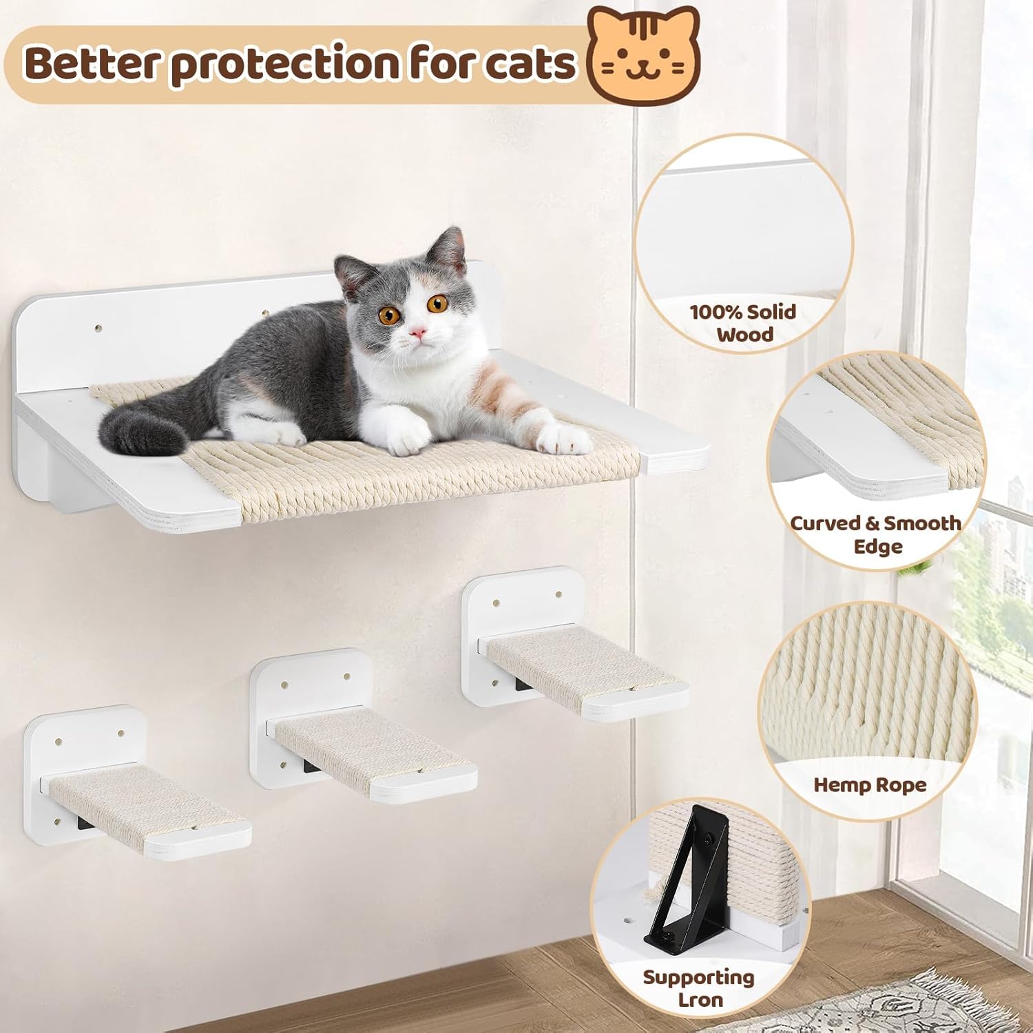 Cat Hammock Cat Wall Shelves with 3 Cat Wall Steps, Wall Mounted Cat Shelves and Perches with Hemp Rope Scratching, Cat Wall Furniture Climbing Shelves for Indoor Cats Set