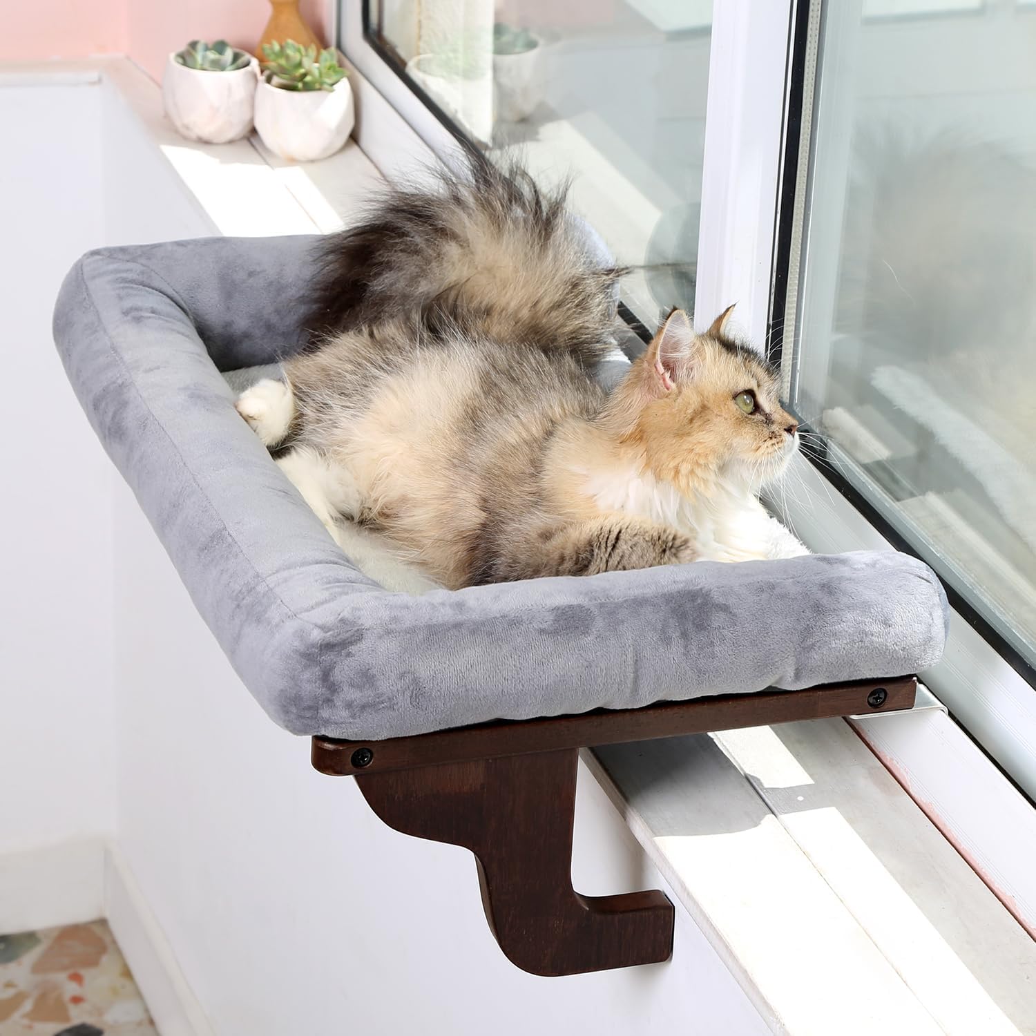 Cat Perch for Window Sill with Bolster - Orthopedic Hammock Design with Premium Hardwood  Robust Metal Frame - Cat Window Seat for Large Cats and Kittens - Dark Stained Wood with Gray Bed