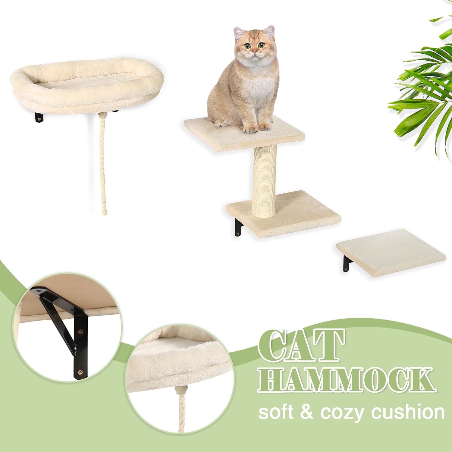 Cat Wall Furniture Set-Cat Wall Shelves Include Cat Hammock, Cat Step with Cat Scratching Post Cat Perch Wall-Mounted Cat Climber Set for Indoor Cat