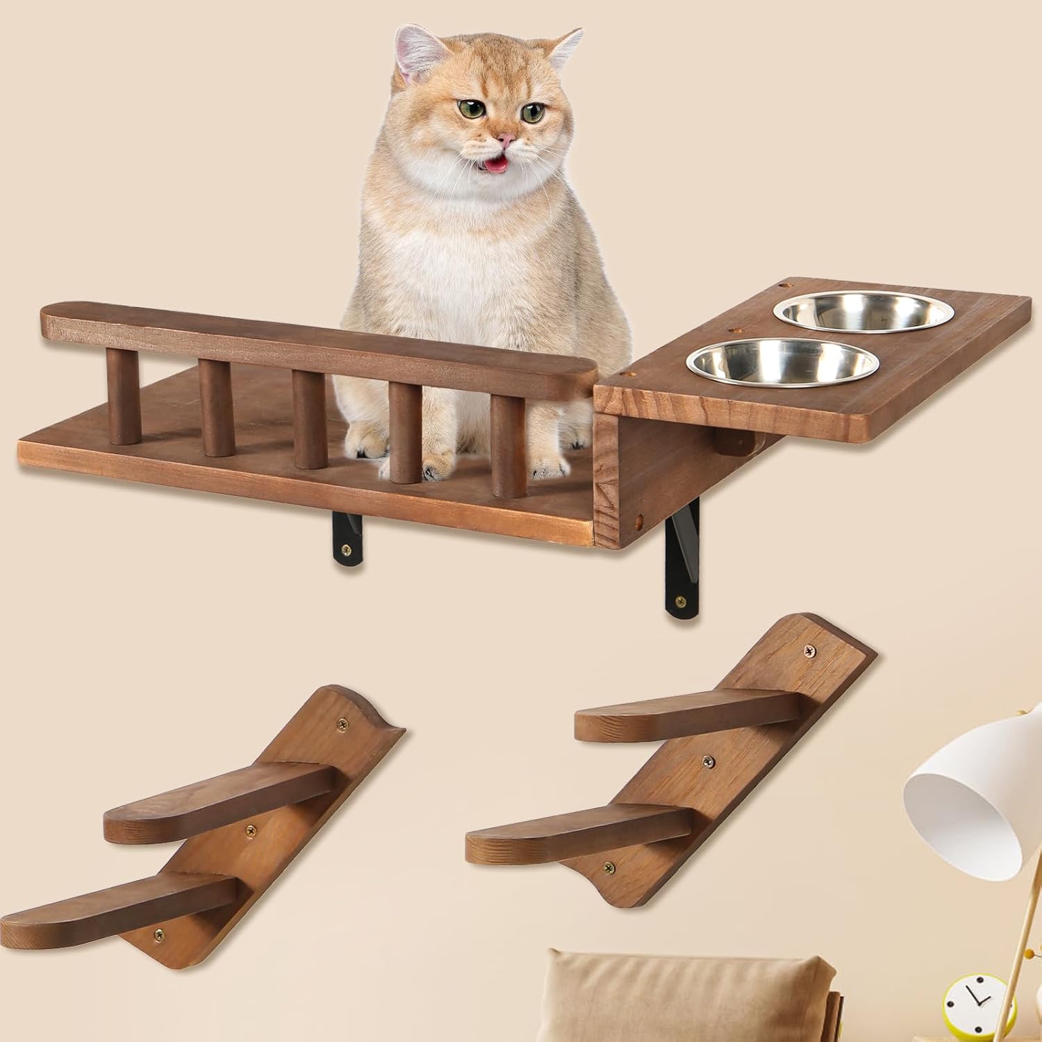 Cat Wall Shelves, 2 Levels, Includes 2 Bowls  Staircases, Wall Mounted Cat Shelf, Cat Furniture for Playtime and Relaxation