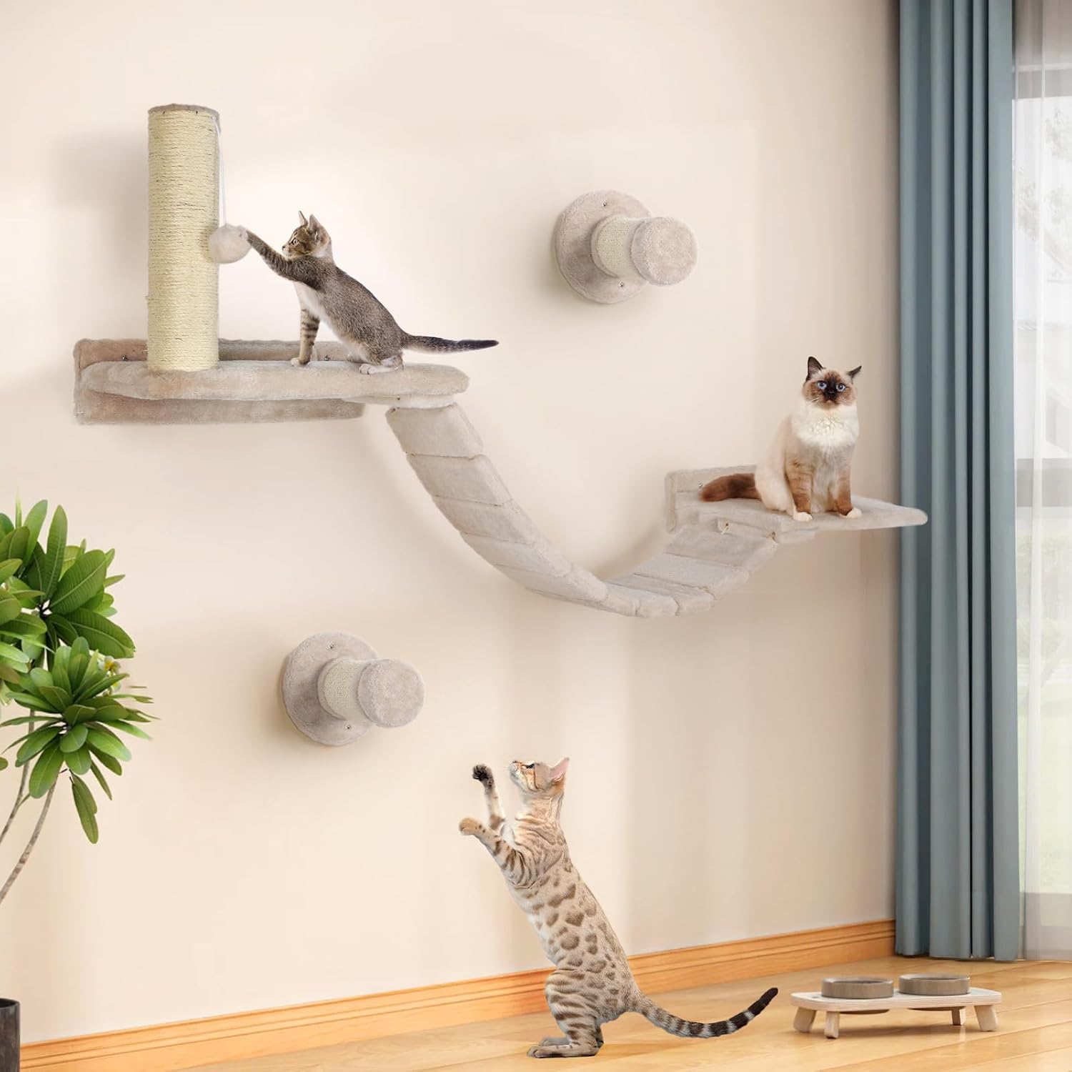 Cat Wall Shelves - 7 Pcs Luxury Wall-Mounted Cat Furniture Set, Including 2 Cat Wall Shelves, 2 Solid Wood Steps, 1 Cat Bridge Ladder, 1 Sisal Cat Scratcher Post, 1 Hanging Ball for Large Cats