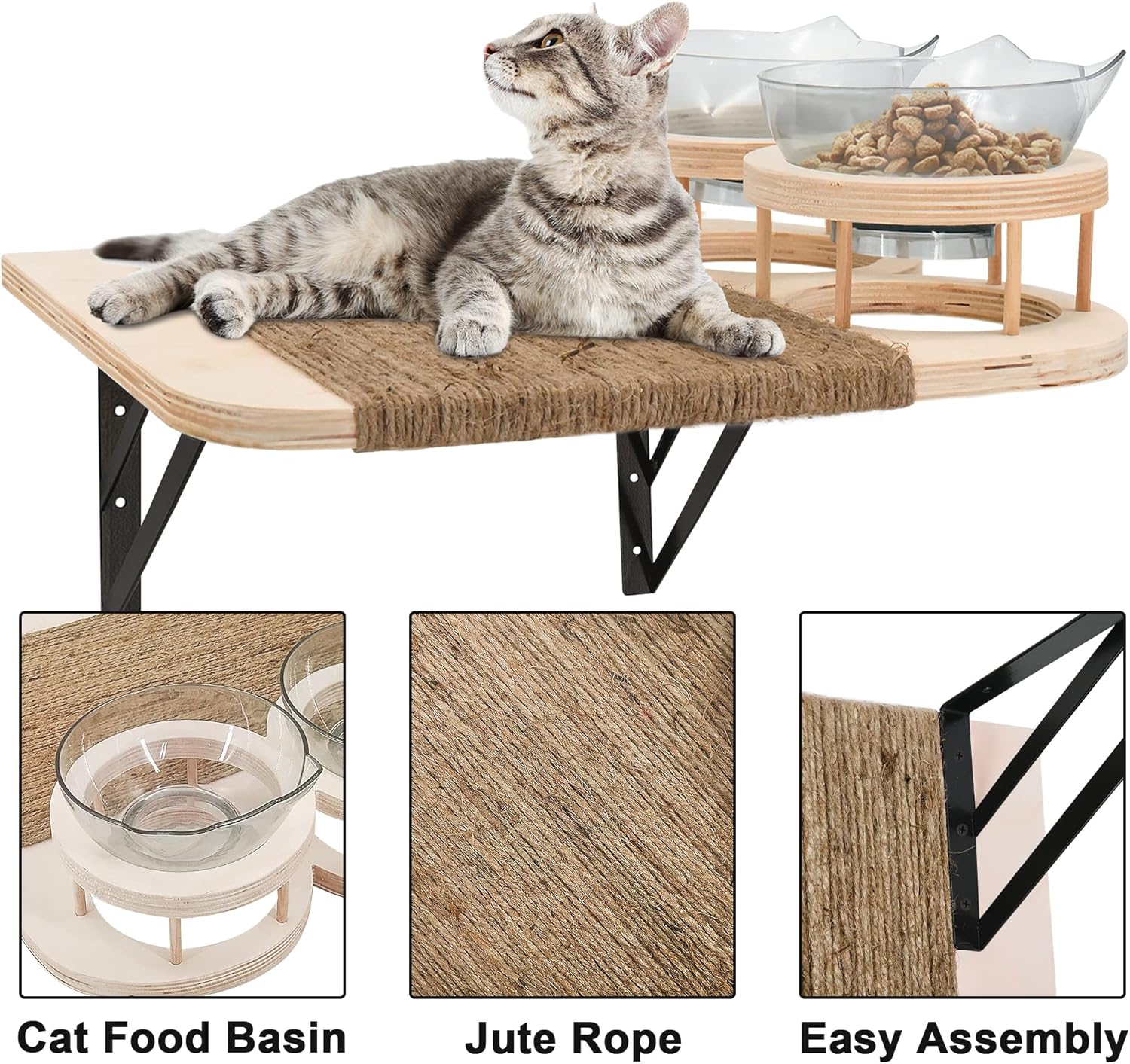 Cat Wall Shelves Cat Hammock with 3 Steps, Cat Shelves and Perches for Wall, Cat Wall Furniture Set, Cat Climbing Shelves Cat Wall Shelf with 2 Cat Food Shelf and Plush Covered, Gift for Cat