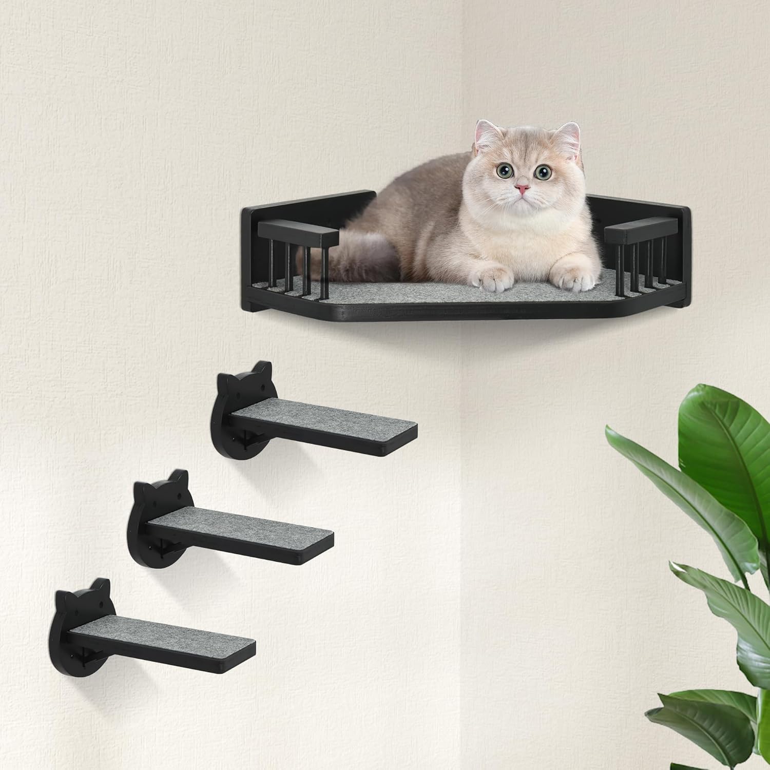 Cat Wall Shelves, Corner Cat Shelves and Perches for Wall, Cat Wall Furniture Cat Shelf with 3 Steps, Wall Mounted Cat Hammock Cat Bed with Plush Covered, Wood Cat Climbing Shelf for Indoor