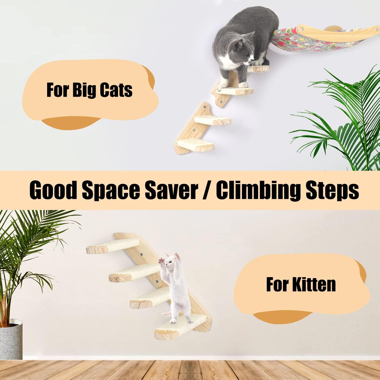 Cat Wall Steps Shelves Cat Climbing Shelf Reversible Wall Mounted, Wooden Four Step Cat Stairway with Scratching Sisal Rope for Cats Perch Platform Supplies Large Cats Scratching Post Activity Tree