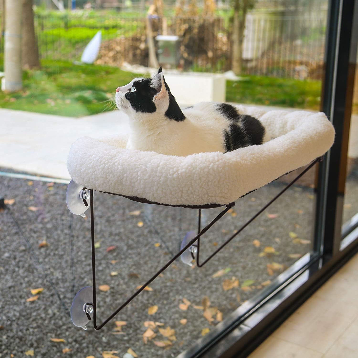 Cat Window Perch - 100% Metal Supported from Below - Comes with Warm Spacious Pet Bed - Cat Window Hammock for Large Cats  Kittens - for Sunbathing, Napping  Overlooking (White)