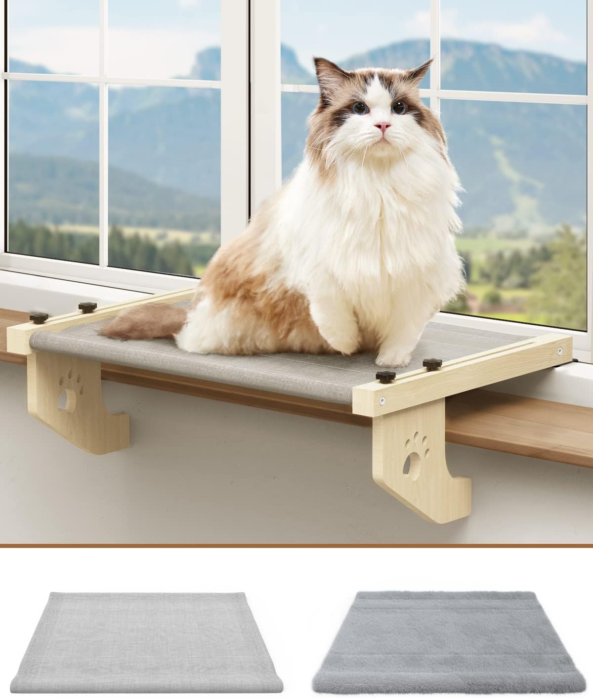 Cat Window Perch, Airsfish Cat Perch for Indoor Cats with Two Covers, 22 x 16 Sturdy Cat Window Hammock with Wood Frame for Windowsill, Bedside, Drawer up to 50lbs