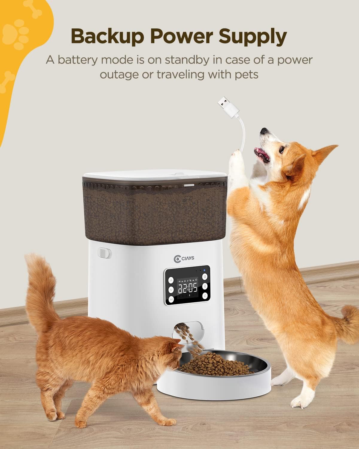 Ciays Automatic Cat Feeder, 4L, White, Plastic and Stainless Steel, Dispenses Up to 20 Portions, 6 Meals Per Day, with Distribution Alarms for Small to Medium Cats and Dogs